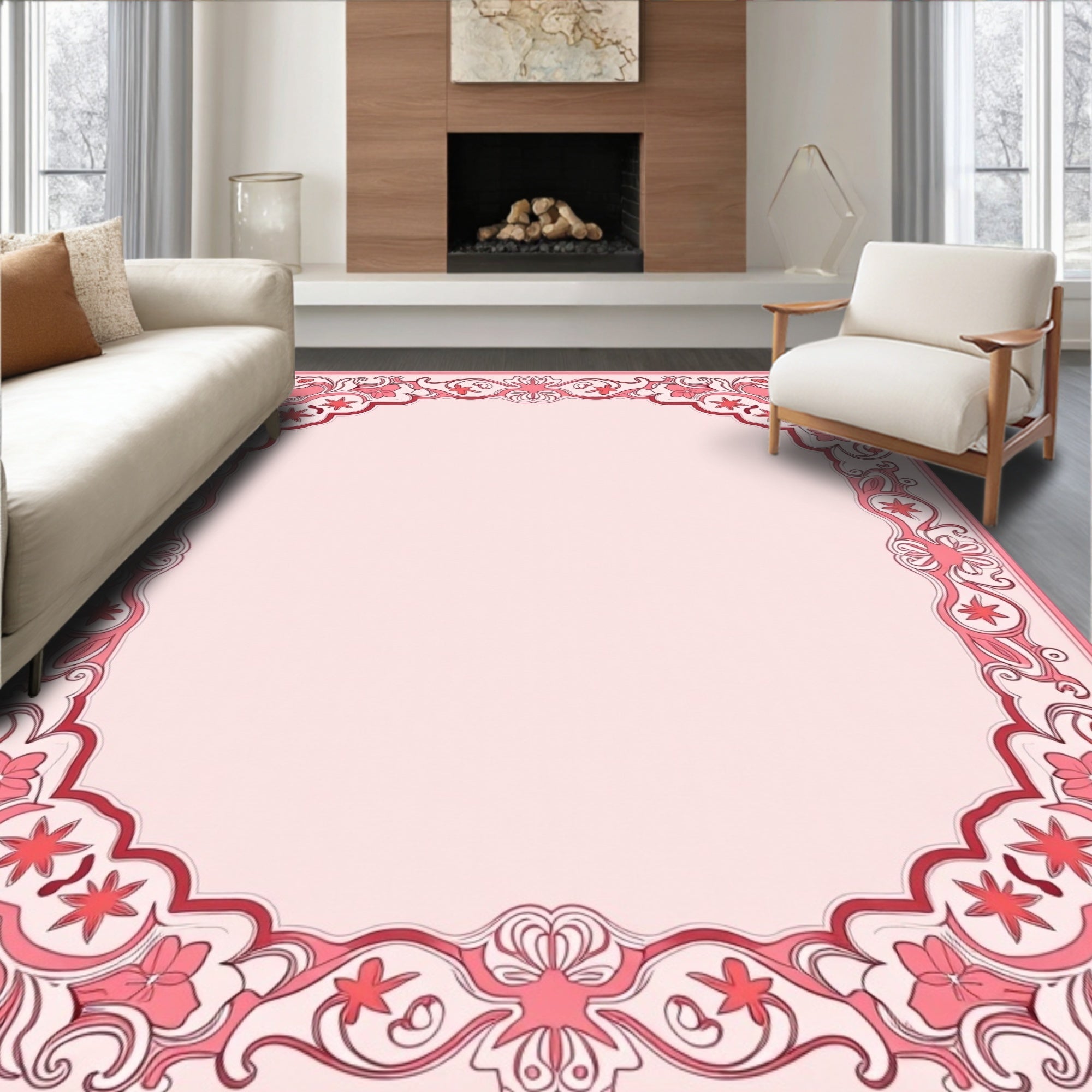Elegant Pink Floral Scroll Border Design Rug