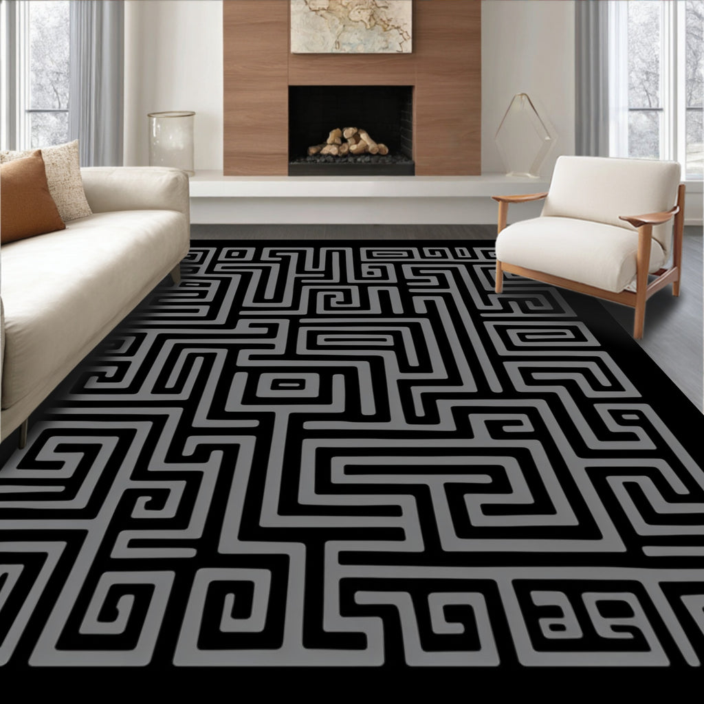 Modern Gray Maze Lines Area Rug