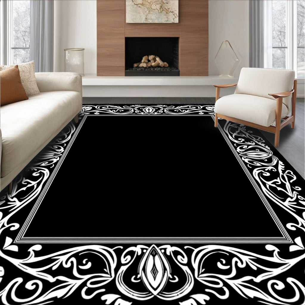 Black And White Floral Border Design Rug