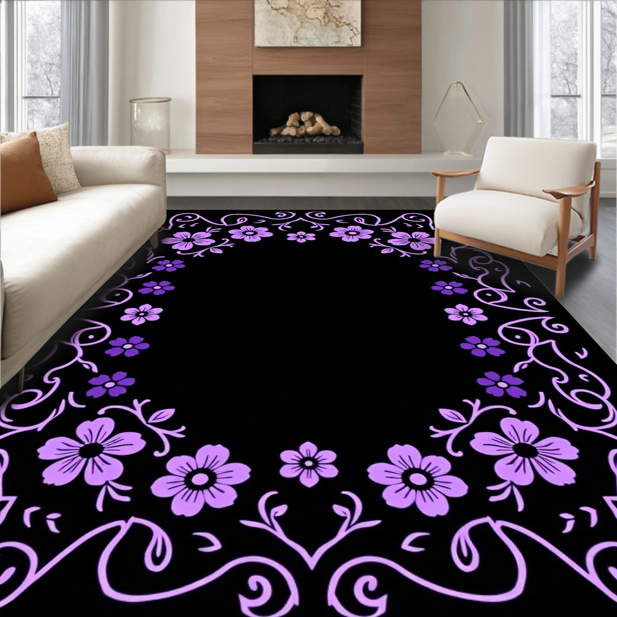 Lavender Floral Frame Black Rug