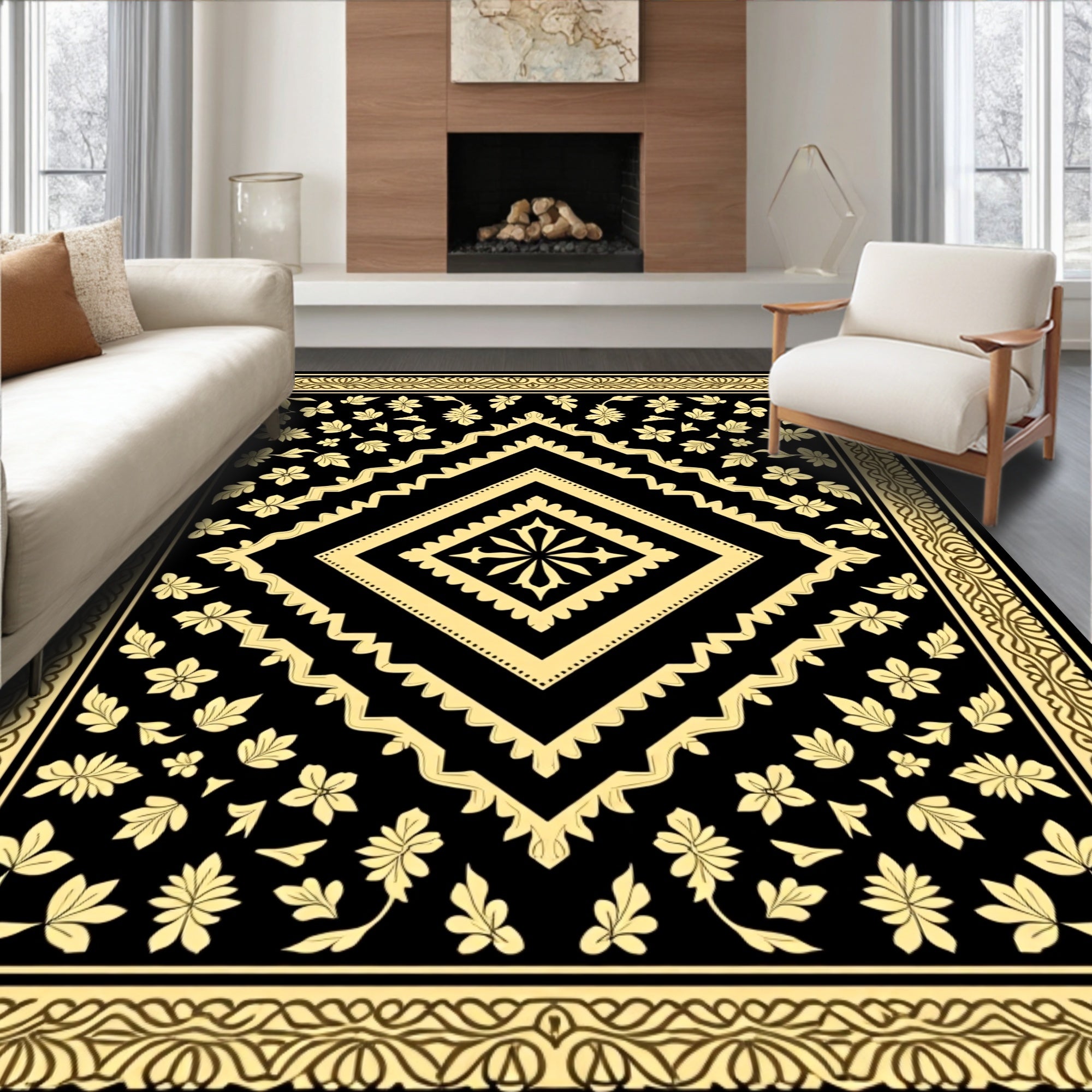 Black Gold Floral Medallion Design Rug