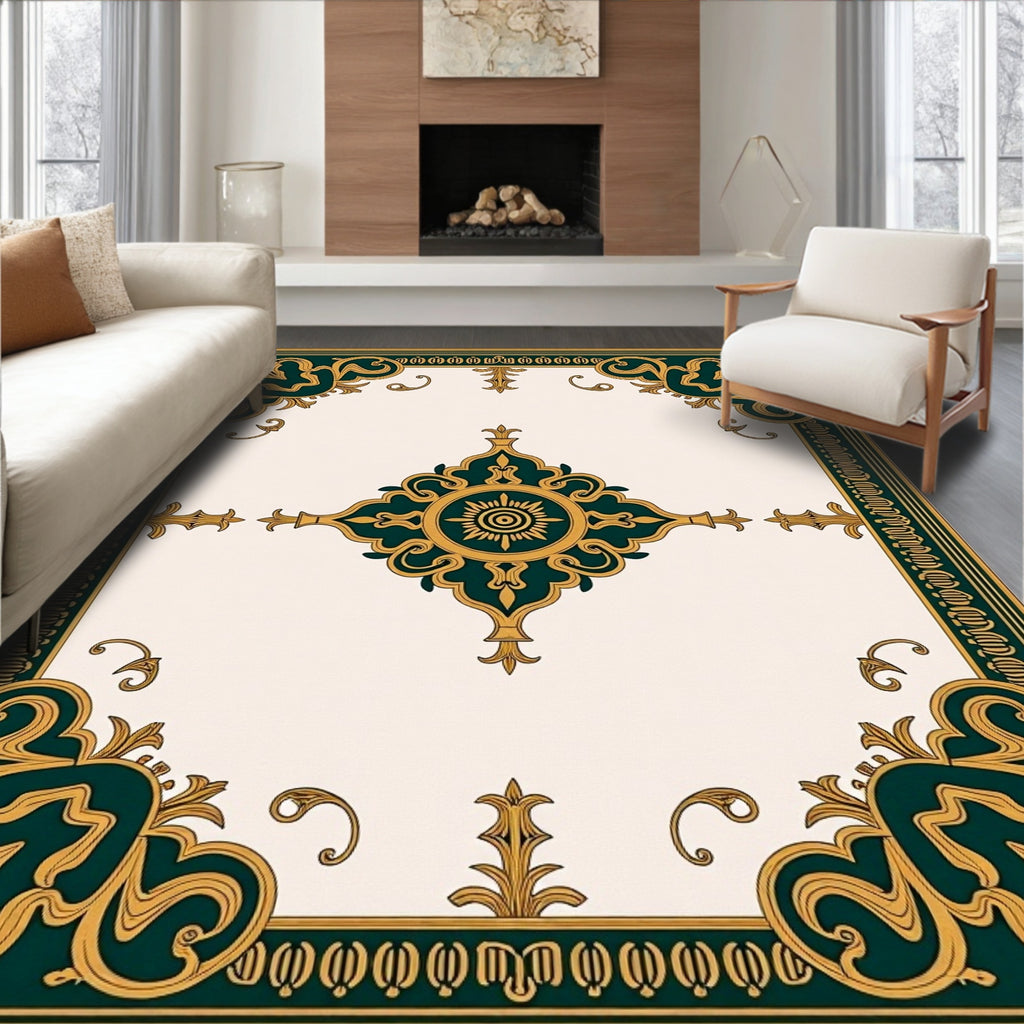 Ornate Teal Gold Scroll-Patterned Rug