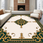 Ornate Teal Gold Scroll-Patterned Rug