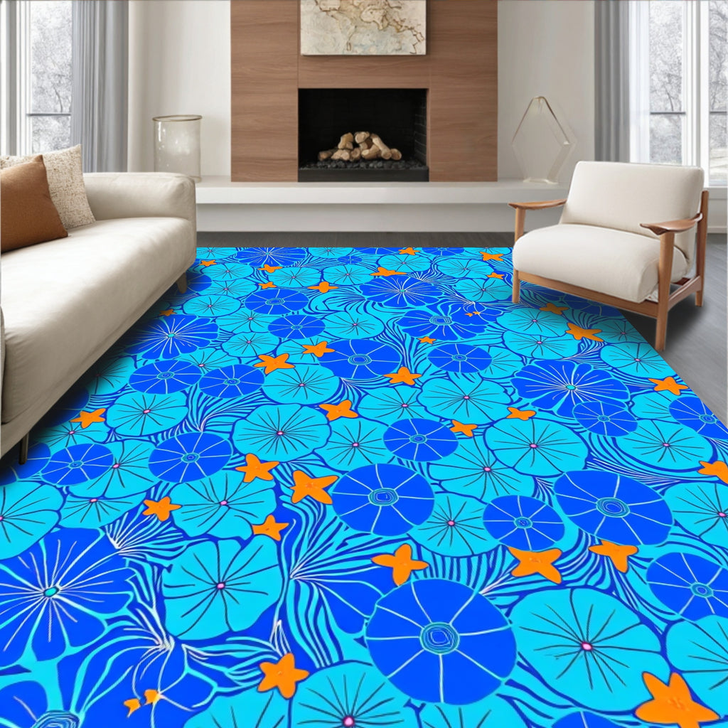 Blue Floral Star Pattern Design Rug