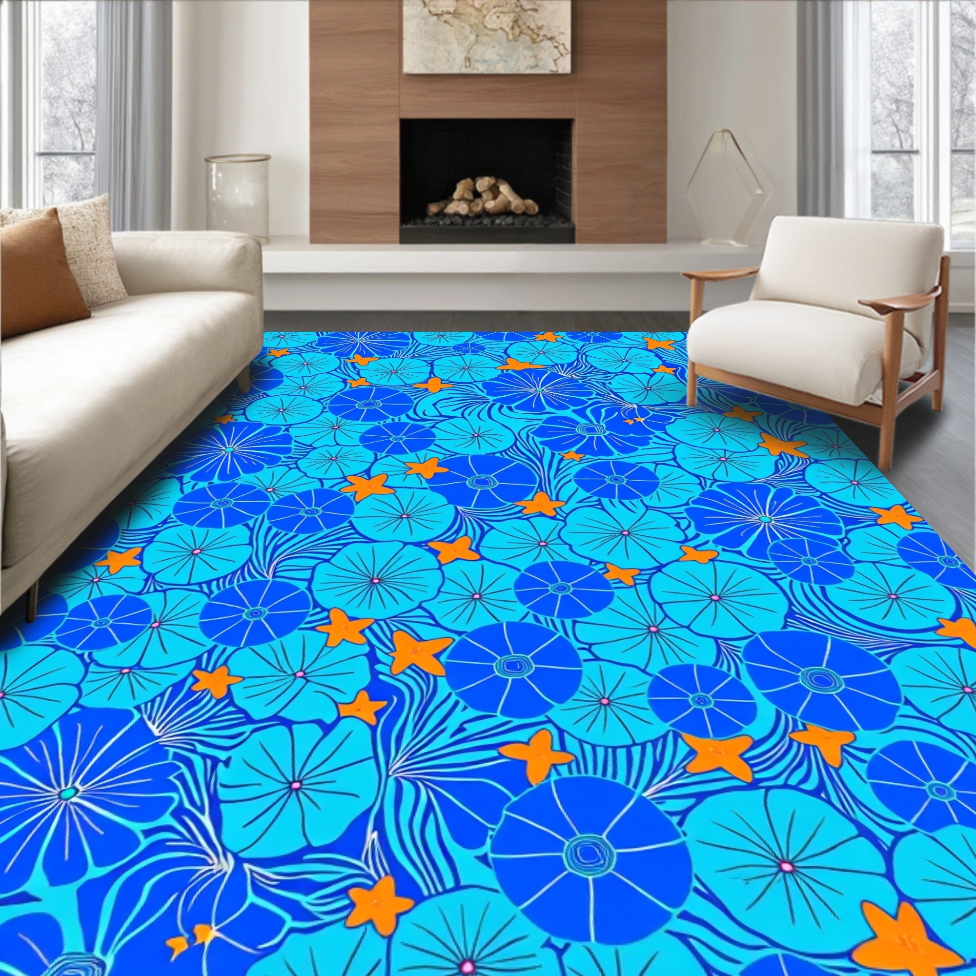 Blue Floral Star Pattern Design Rug