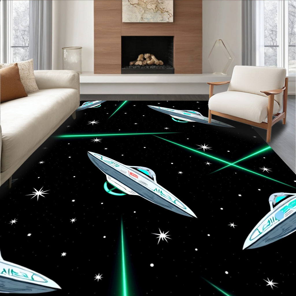 Retro Space UFOs and Green Rays Rug