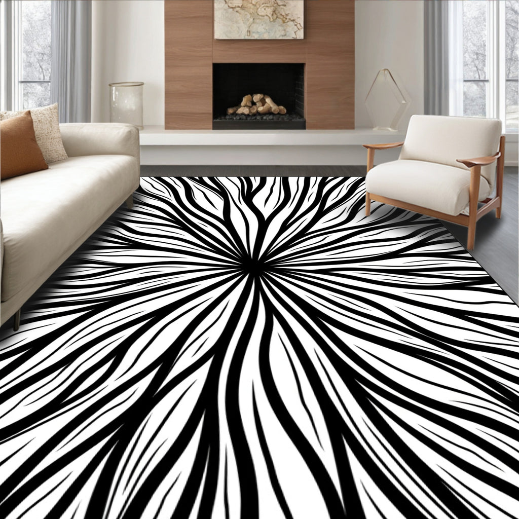 Radial Swirl Black White Pattern Rug