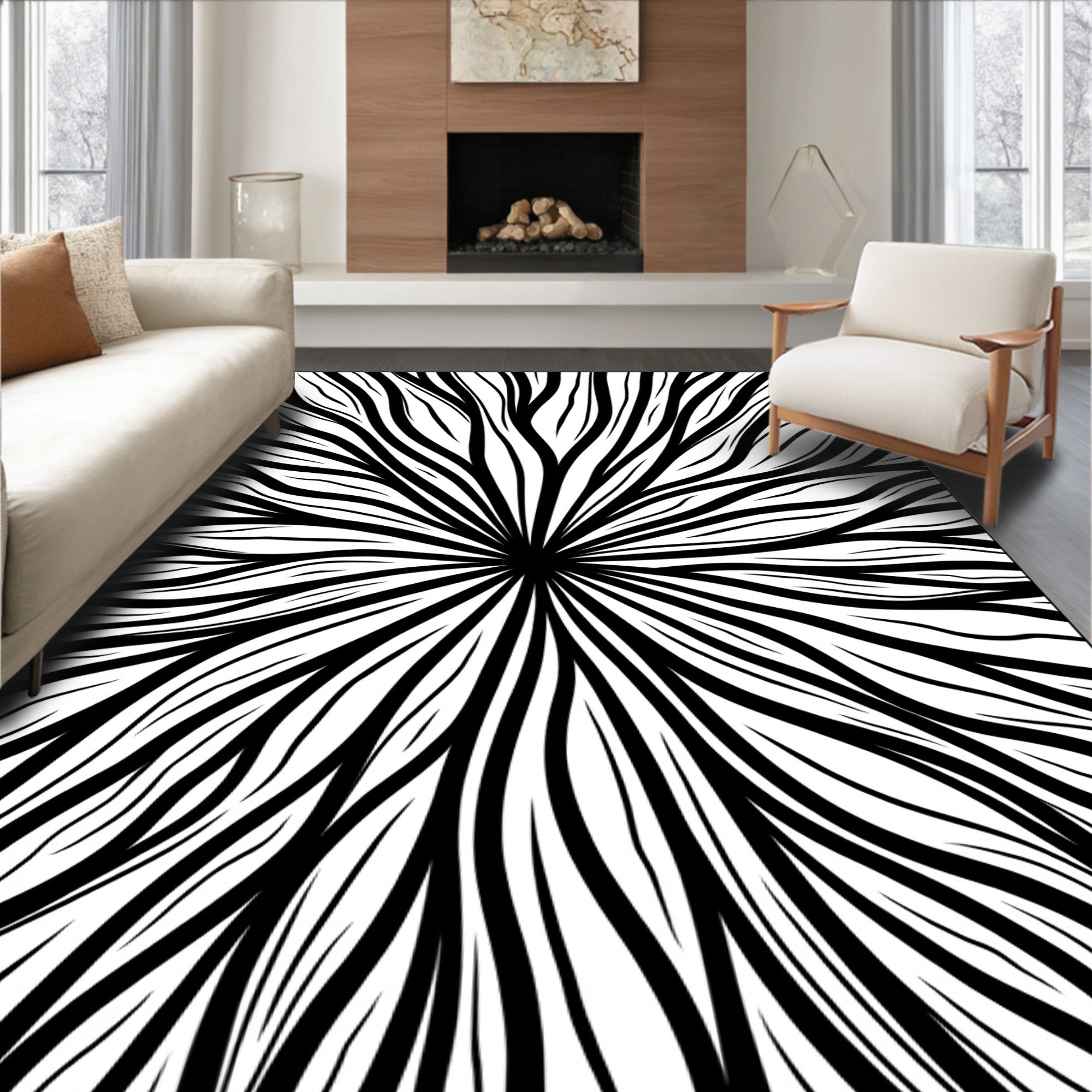 Radial Swirl Black White Pattern Rug