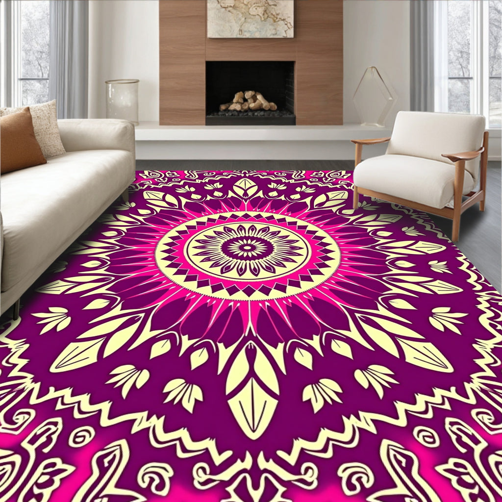 Vibrant Magenta Yellow Mandala Floral Rug