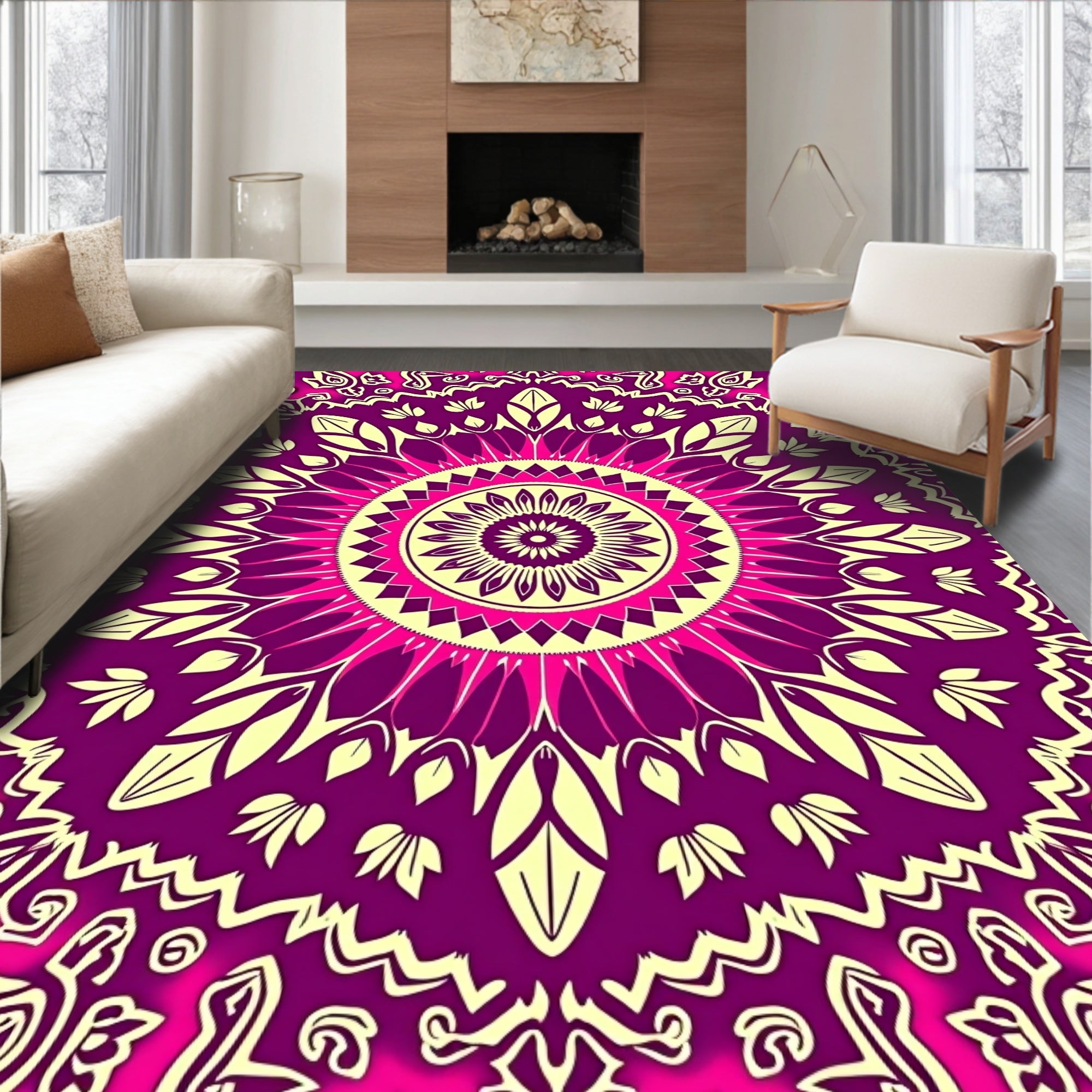 Vibrant Magenta Yellow Mandala Floral Rug