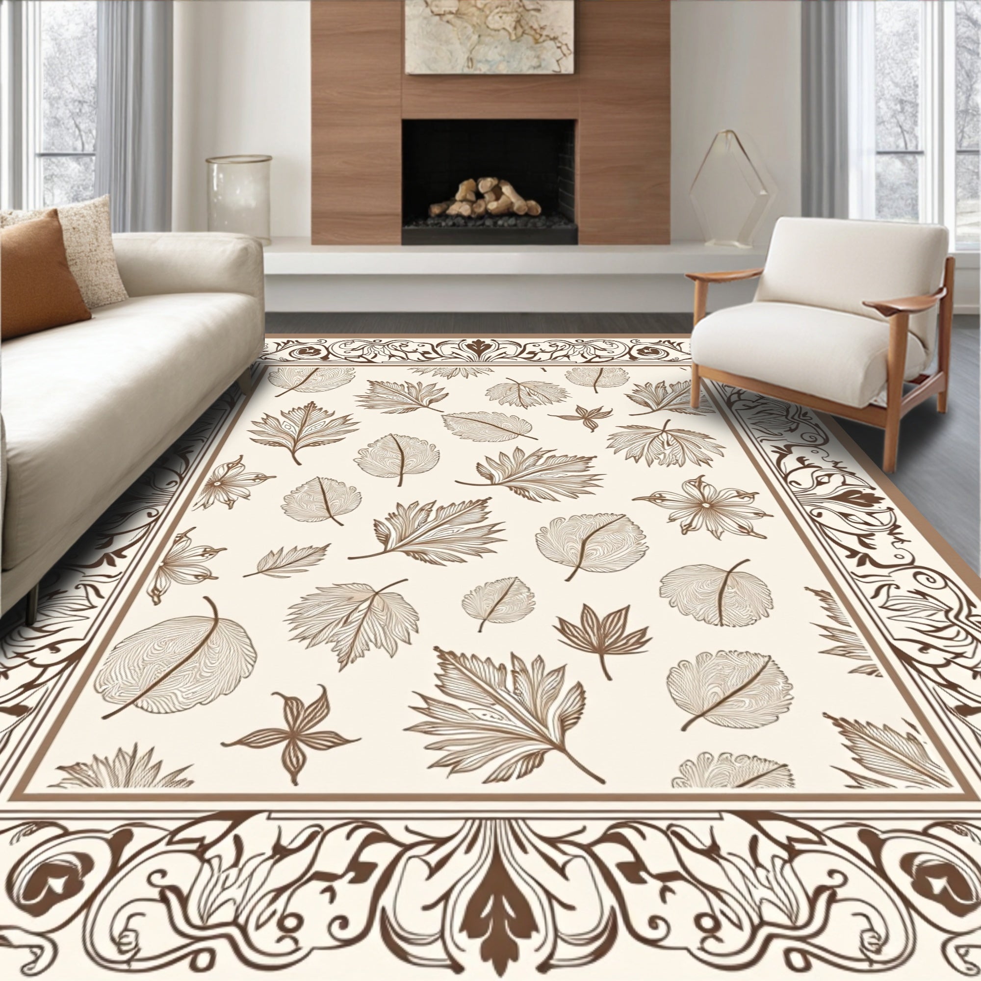 Nature Inspired Leaf Scroll Pattern Rug