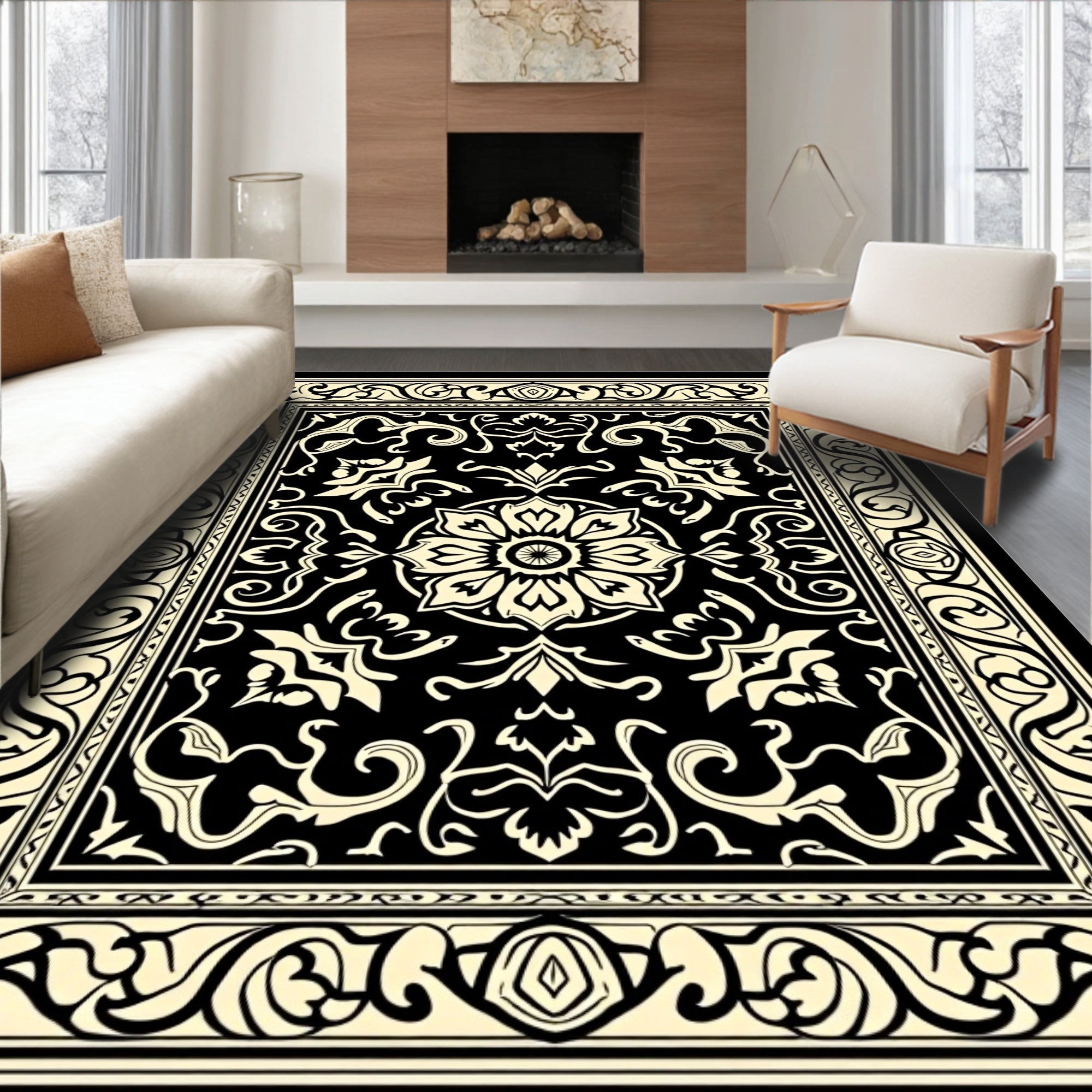 Classic Black Cream Floral Design Rug