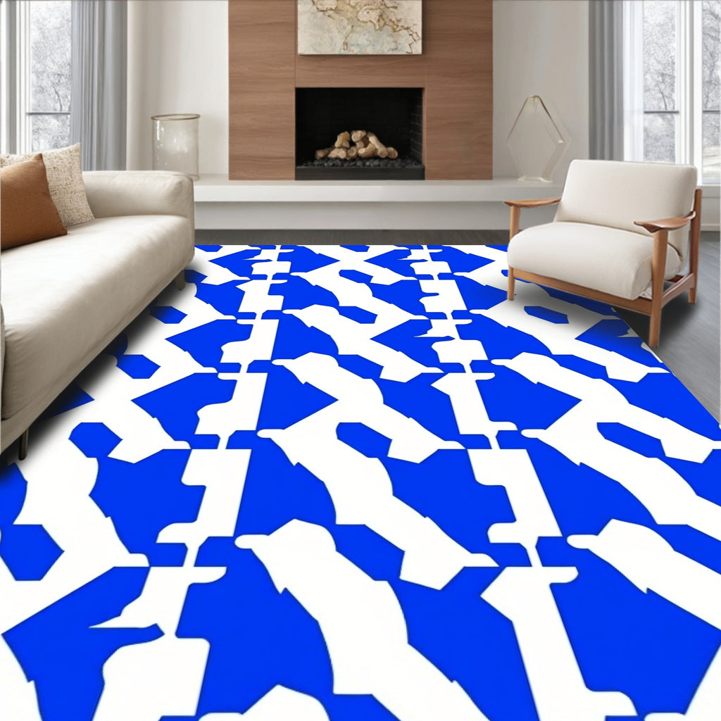 Bold Blue White Interlocking Geometric Pattern Rug