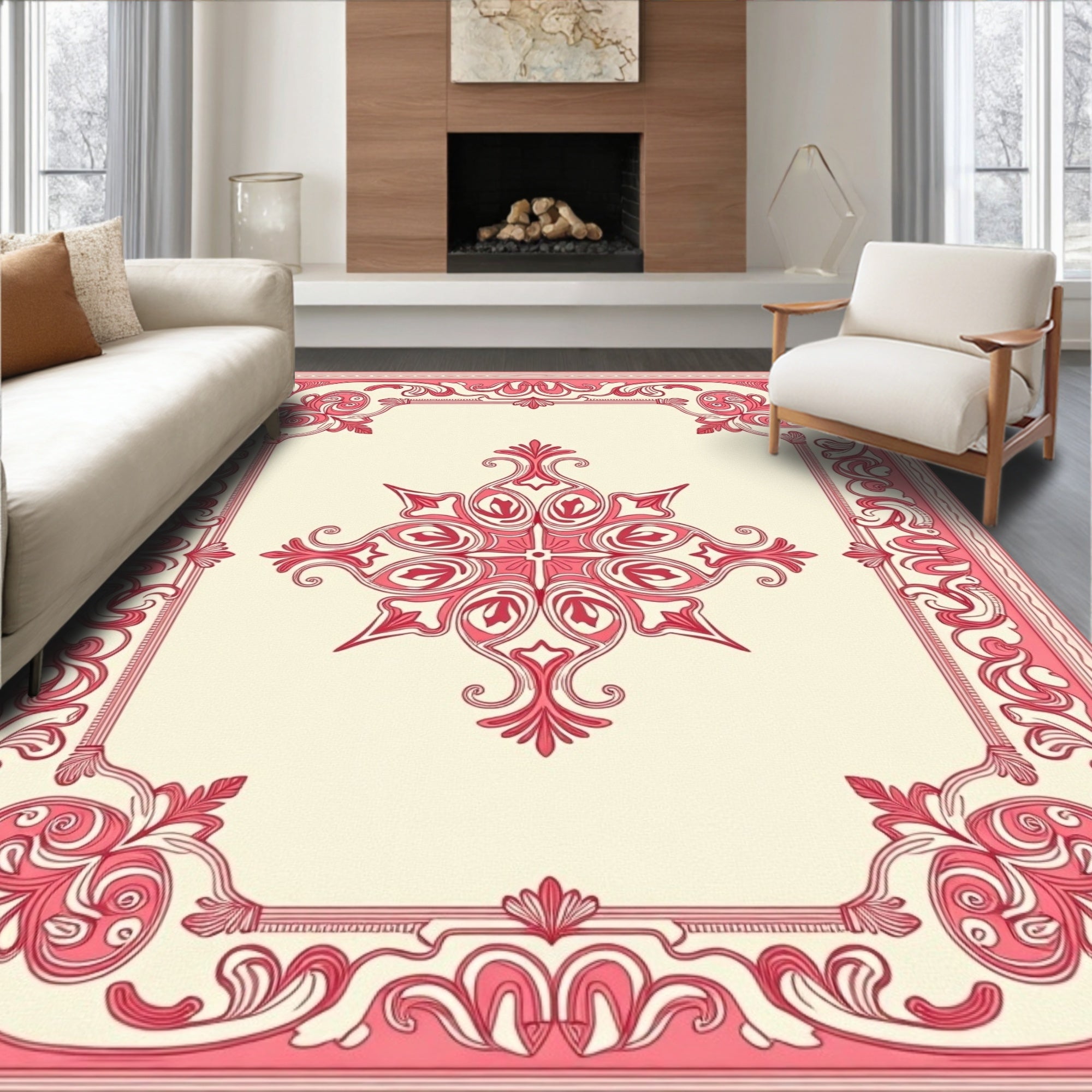 Ornate Pink Scrollwork Floral Design Rug
