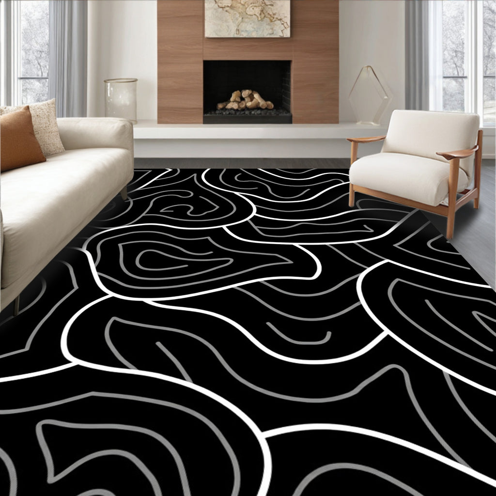 Black White Abstract Contour Design Rug
