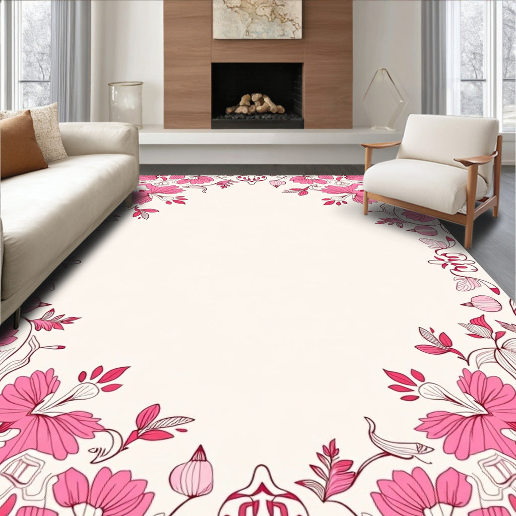 Ornate Pink Floral Swirl Design Rug