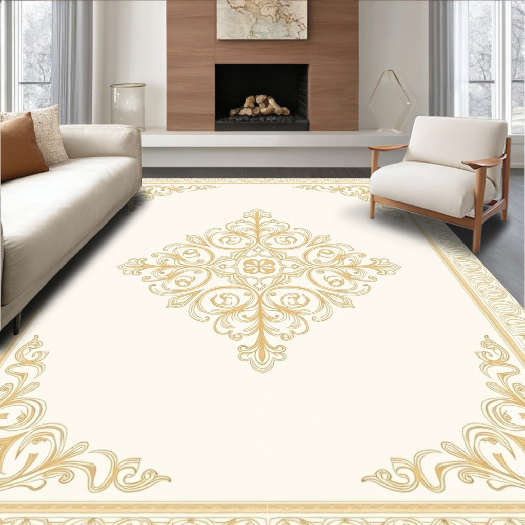 Ornate Golden Symmetrical Arabesque Design Rug