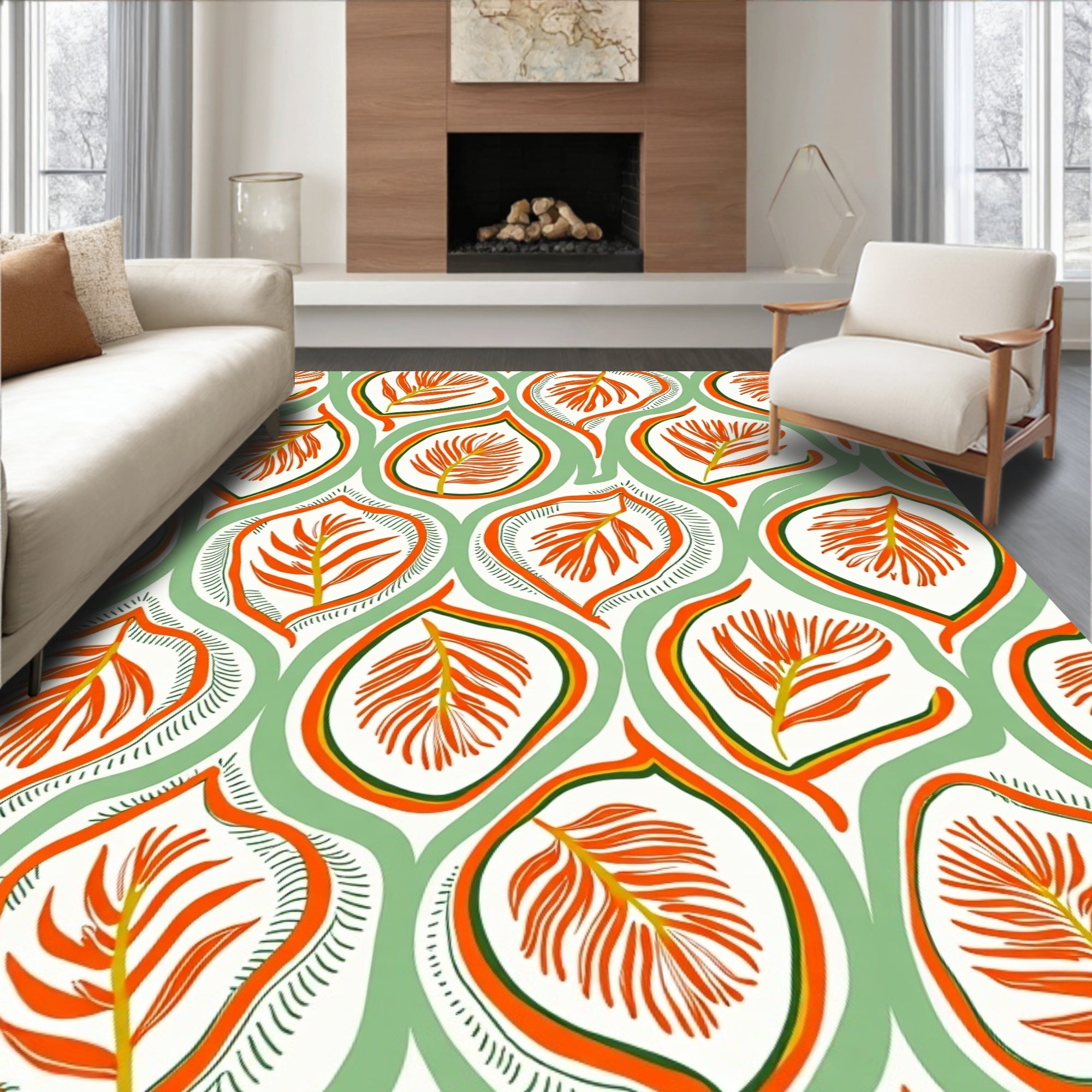 Ornate Orange Fern Leaf Pattern Rug