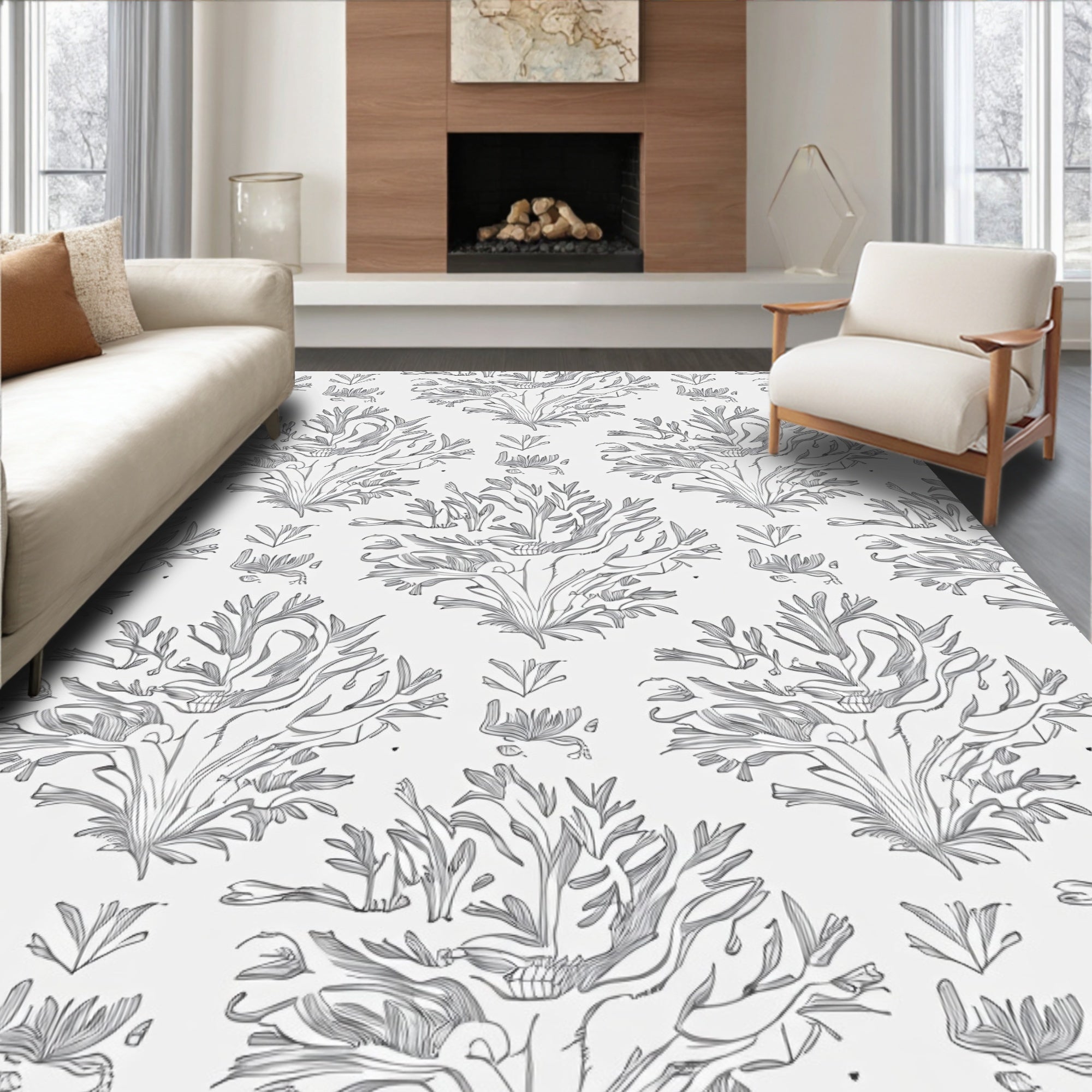 Ornate Floral Damask Line Art Design Rug