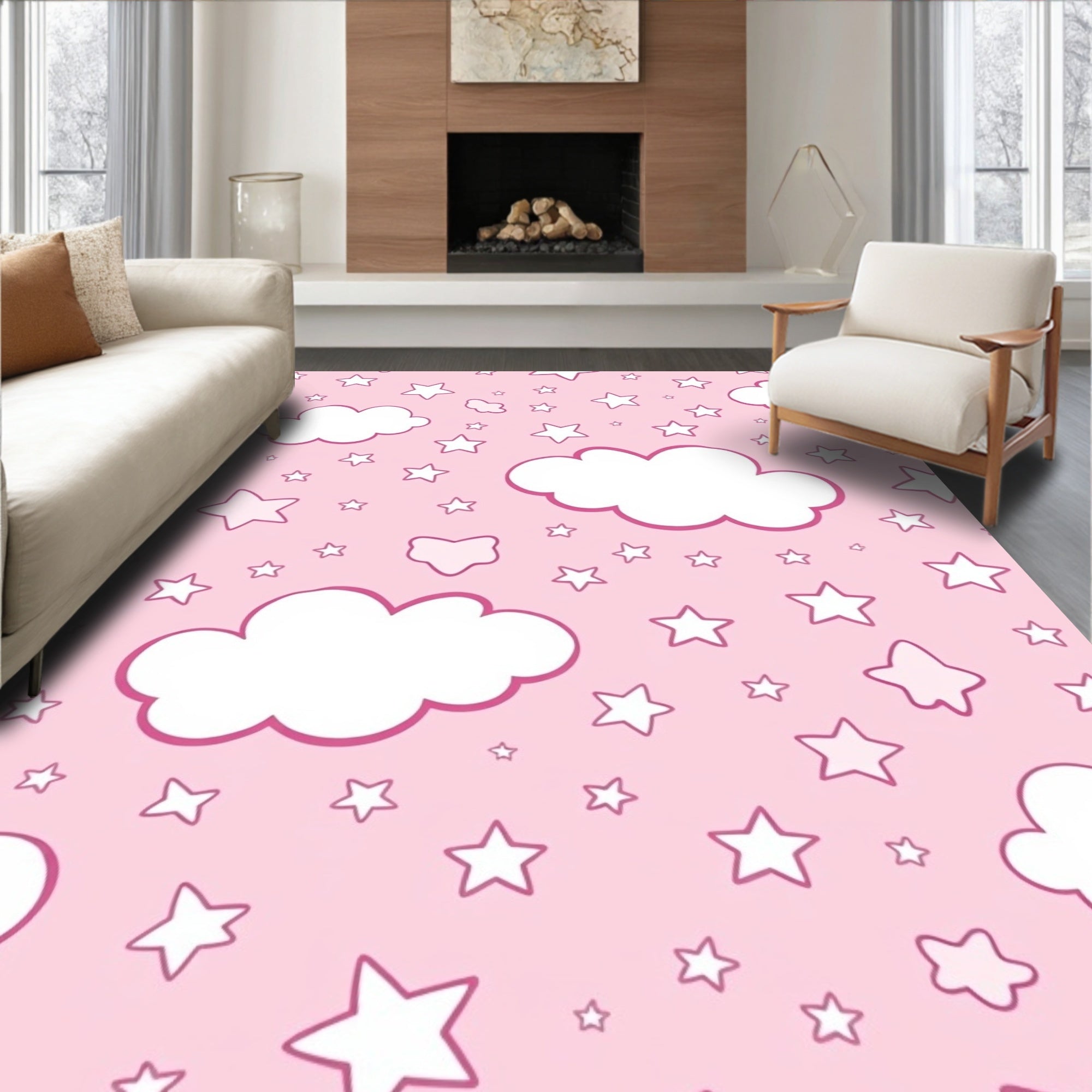 Pink Sky Clouds Stars Pattern Rug