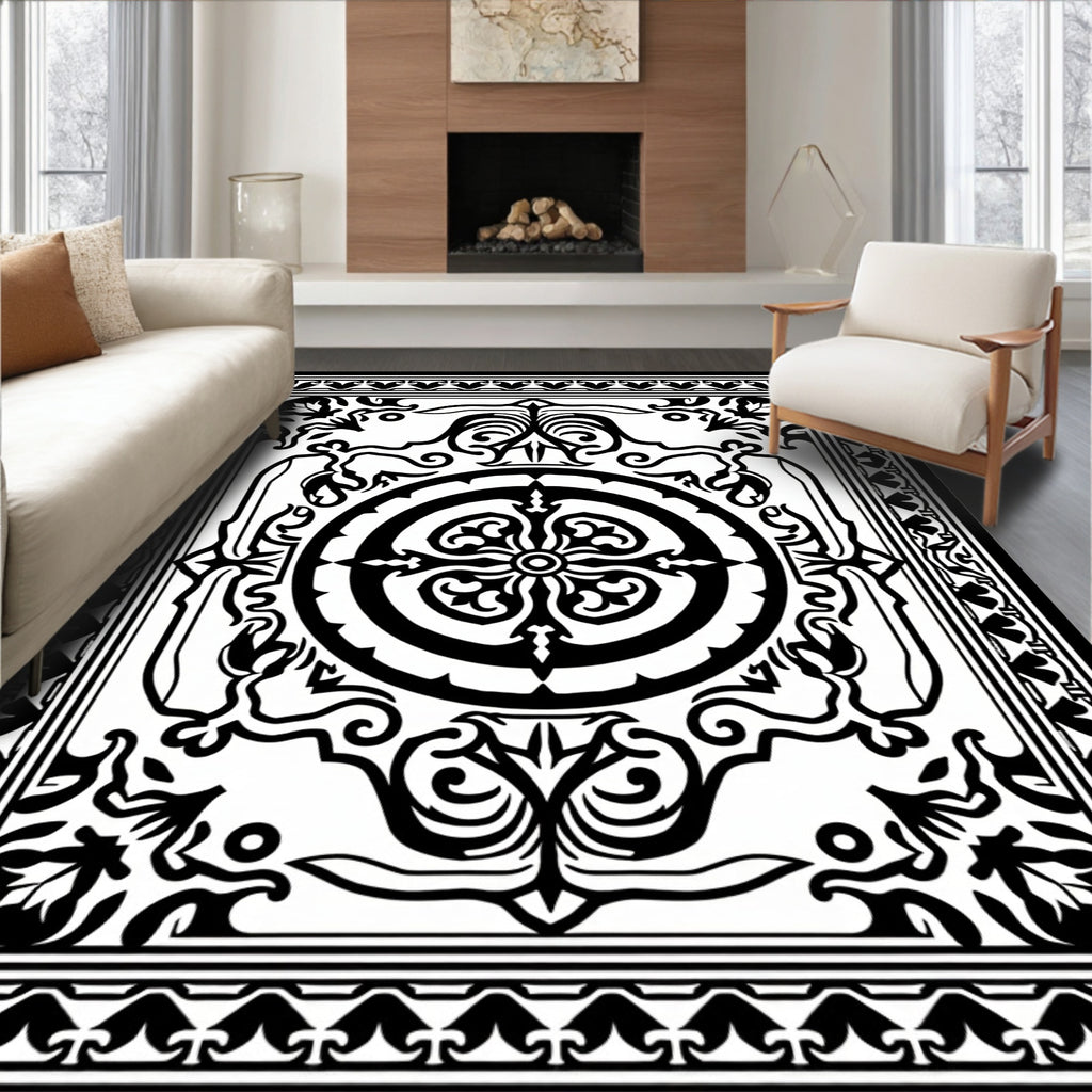 Intricate Black Scrollwork Mandala Design Rug