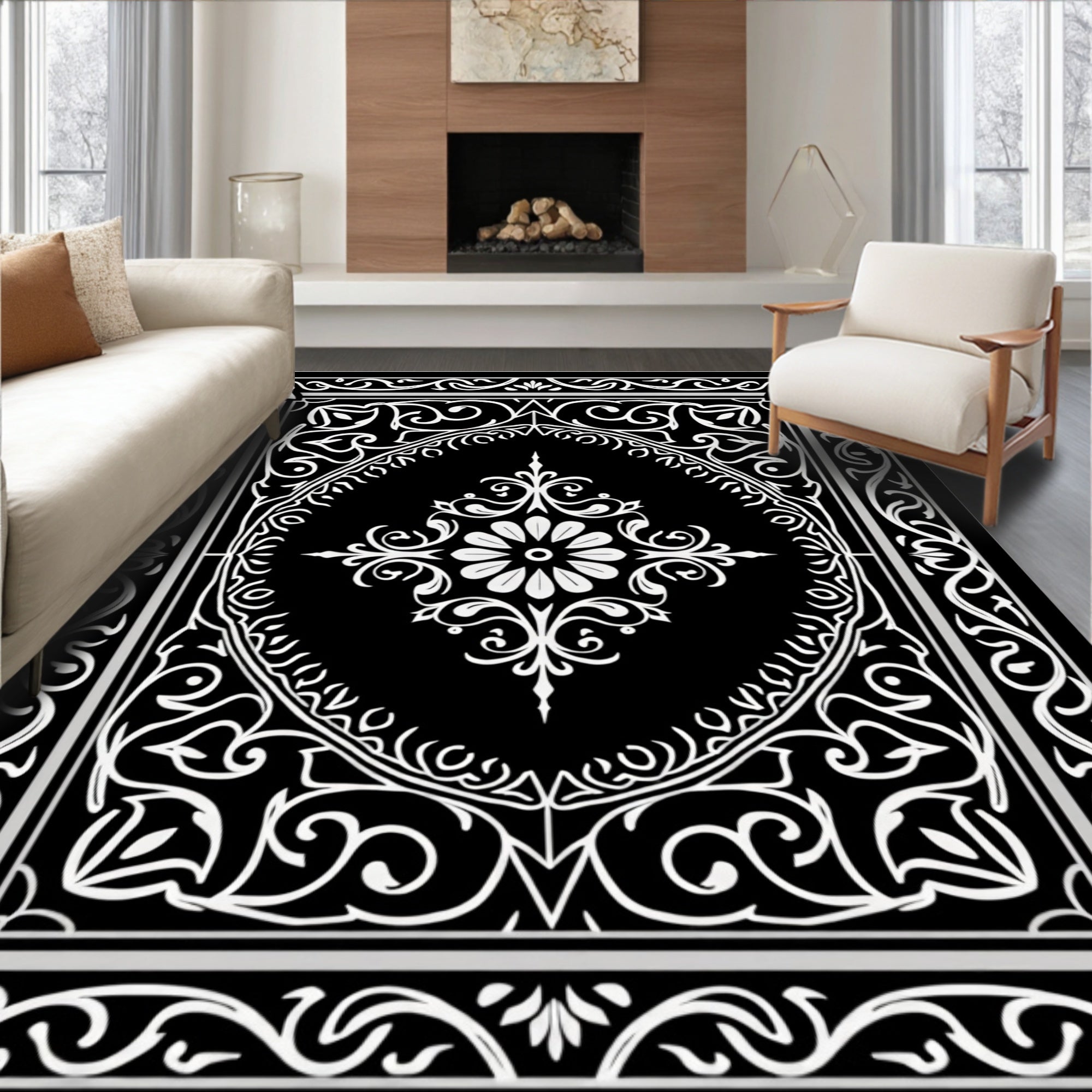 Black And White Floral Intricate Design Rug