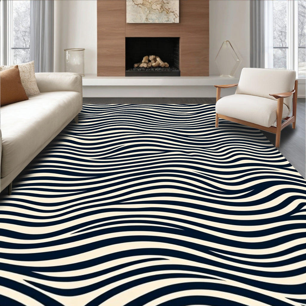 Black Cream Wavy Lines Pattern Rug