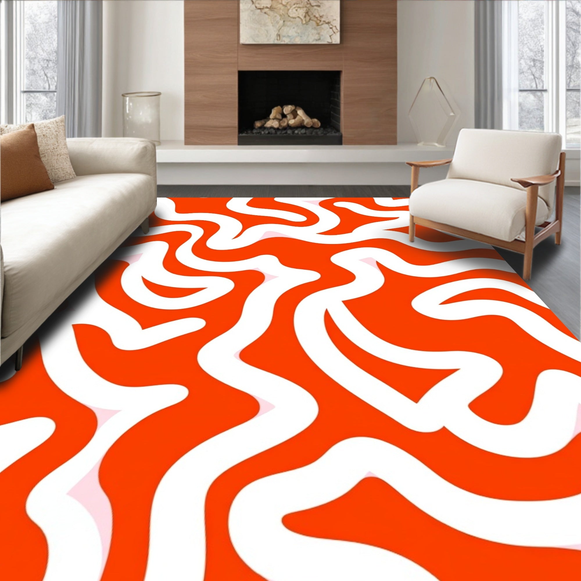 Bold Orange White Swirl Pattern Rug