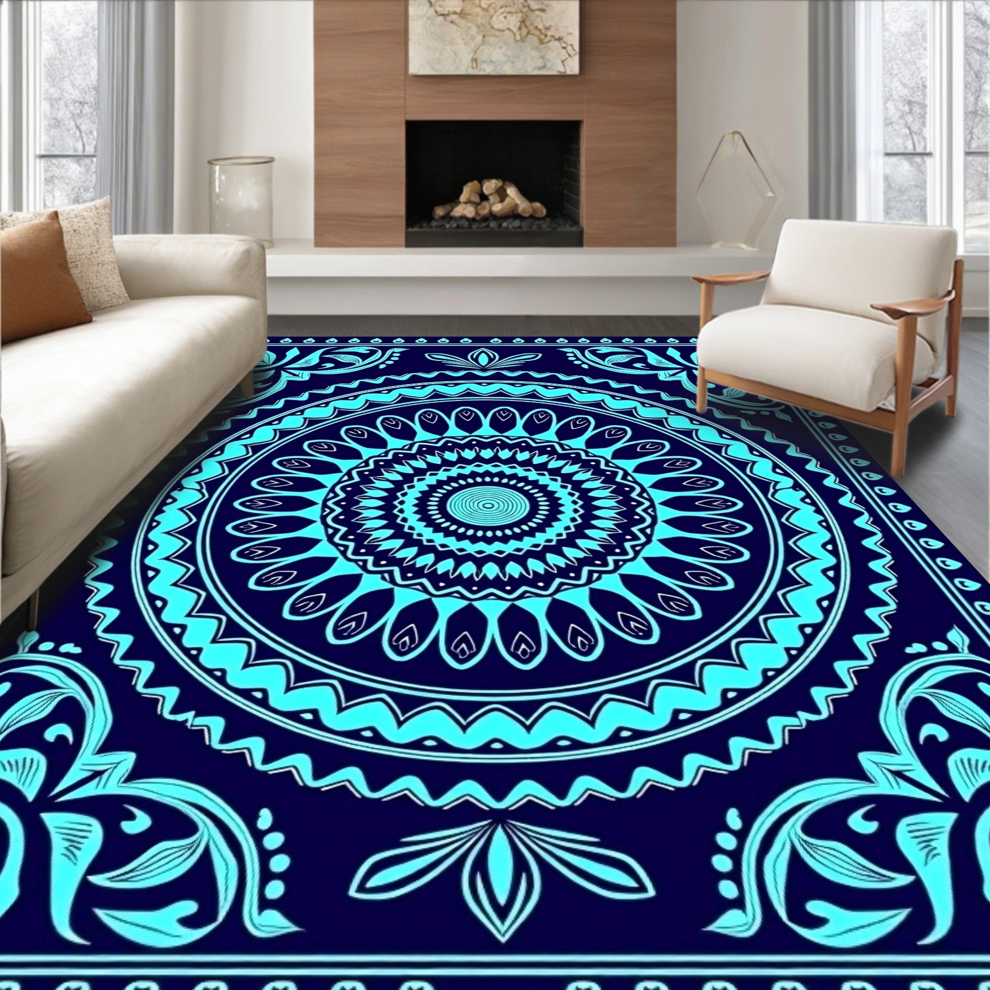 Deep Blue Teal Mandala Pattern Rug
