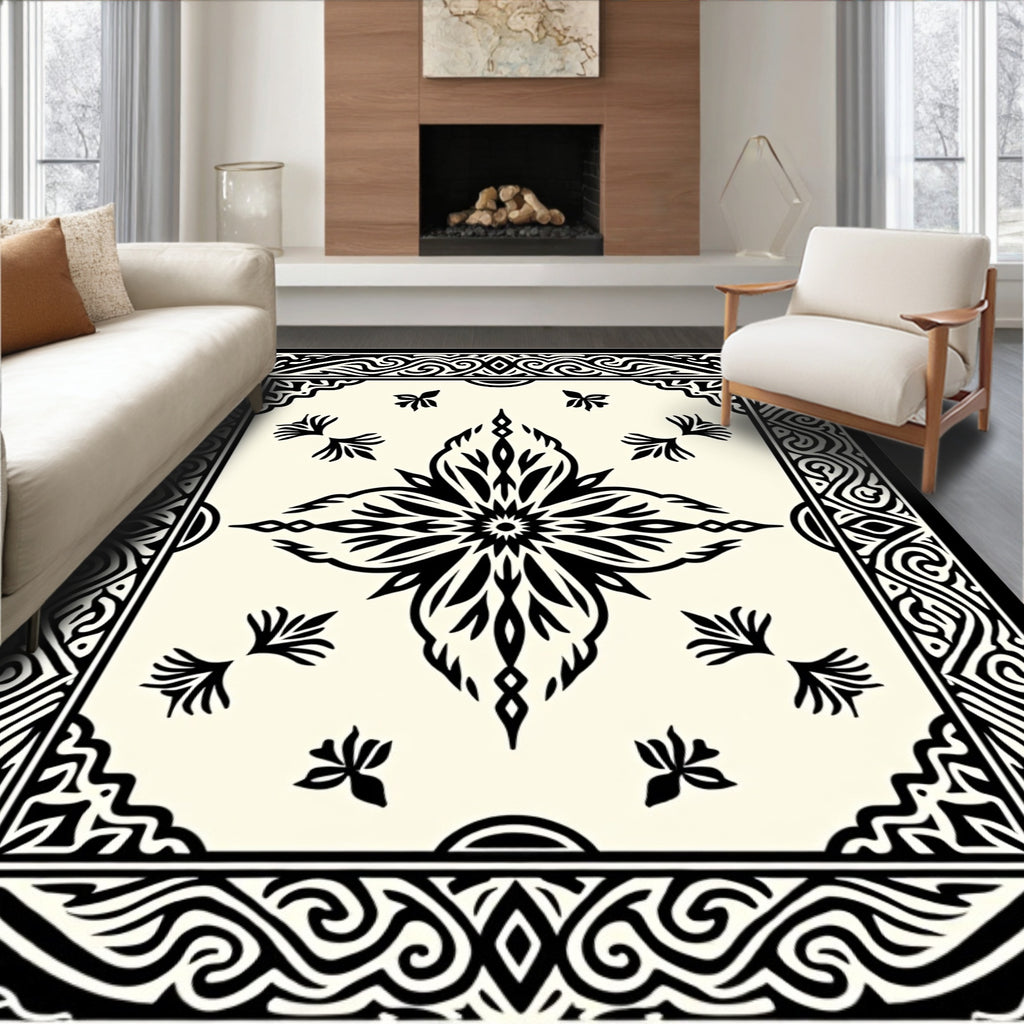 Black Floral Mandala Pattern Square Rug