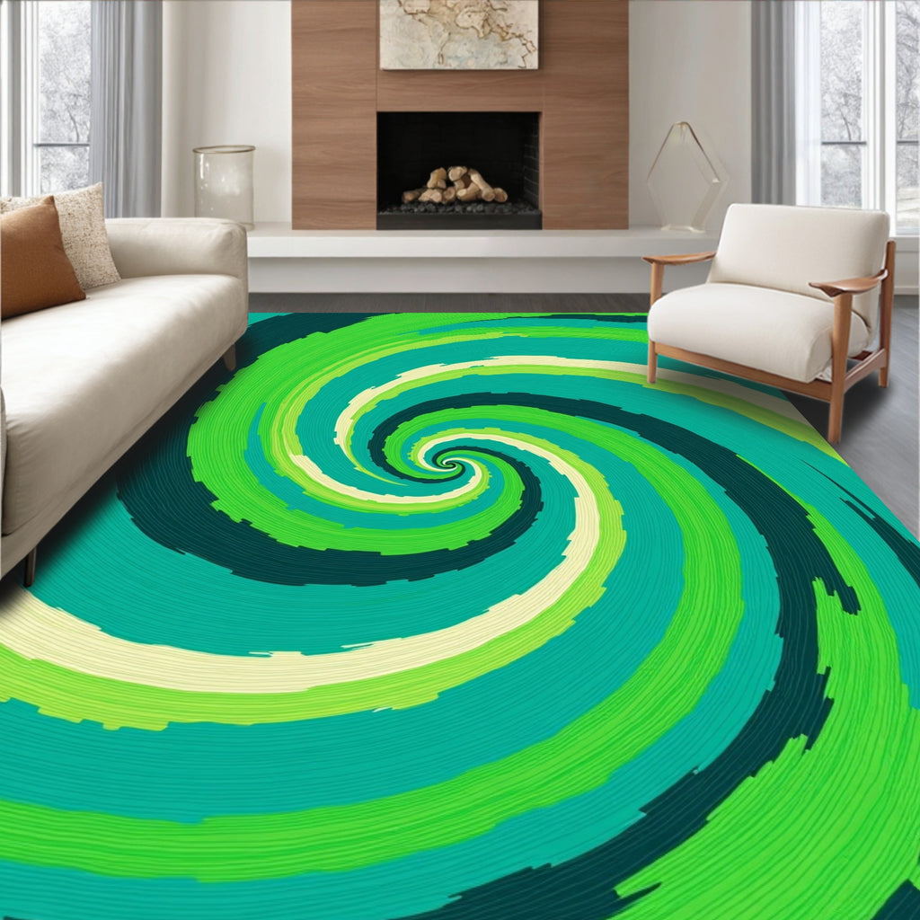 Green Blue Abstract Spiral Design Rug