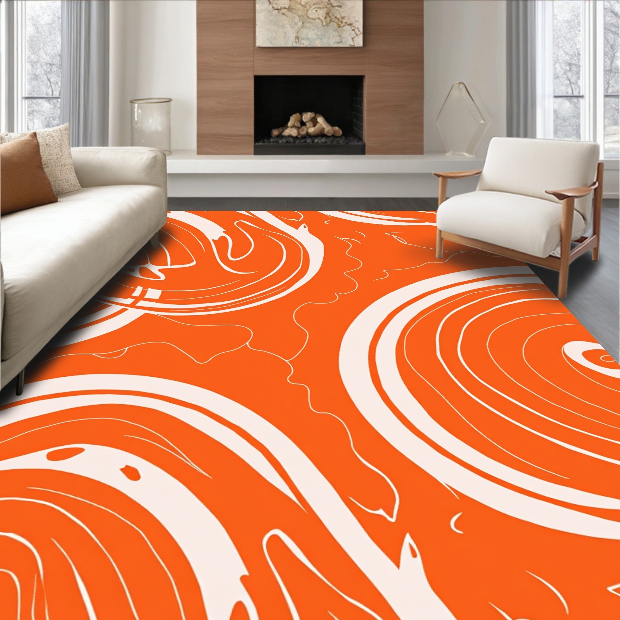 Fluid Orange White Swirl Pattern Rug