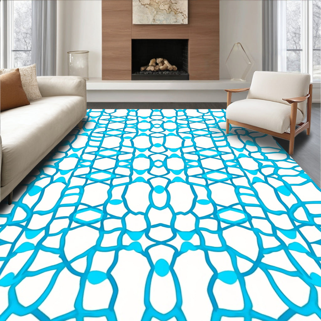 Bright Blue Abstract Grid Rug
