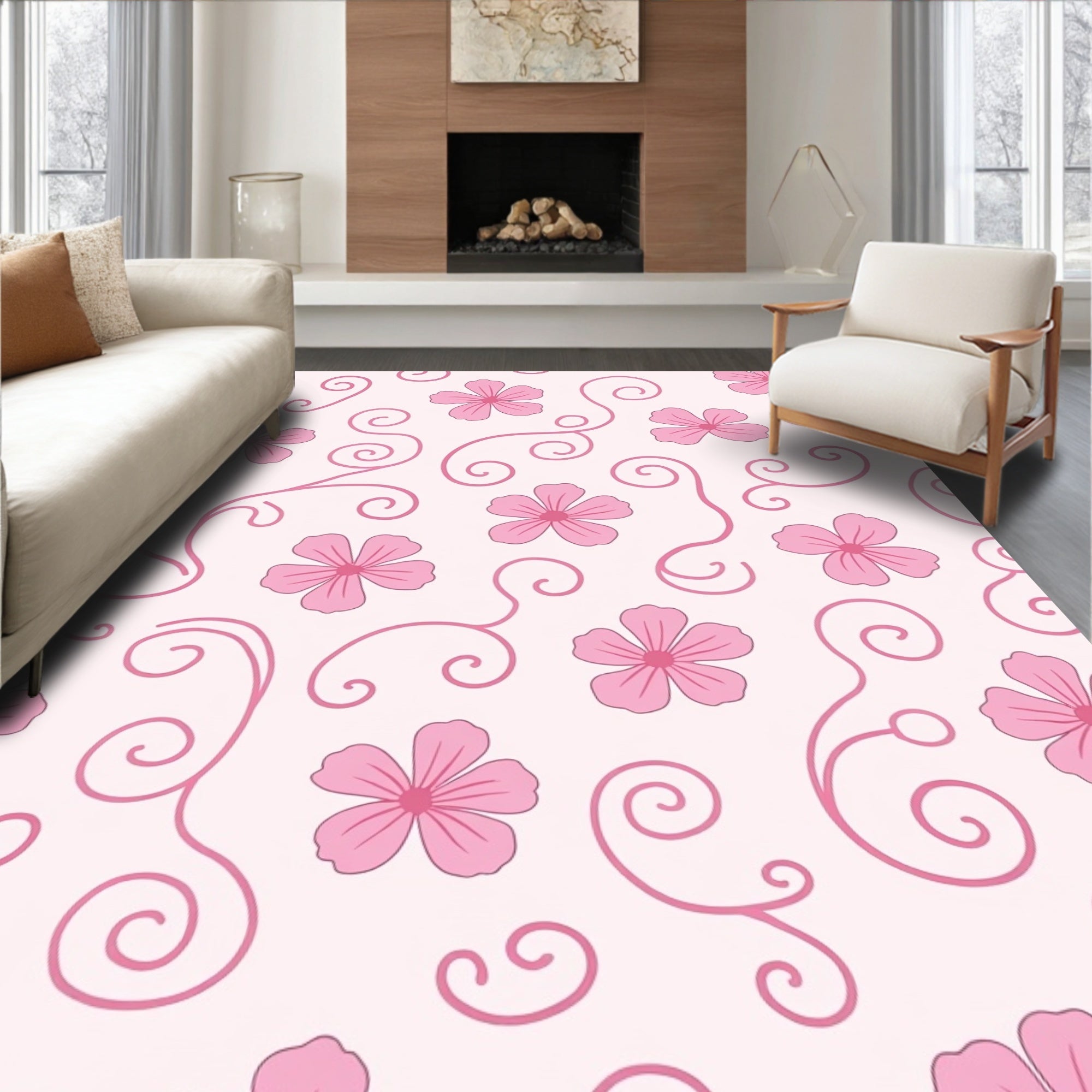 Pink Floral Swirl Pattern Rug