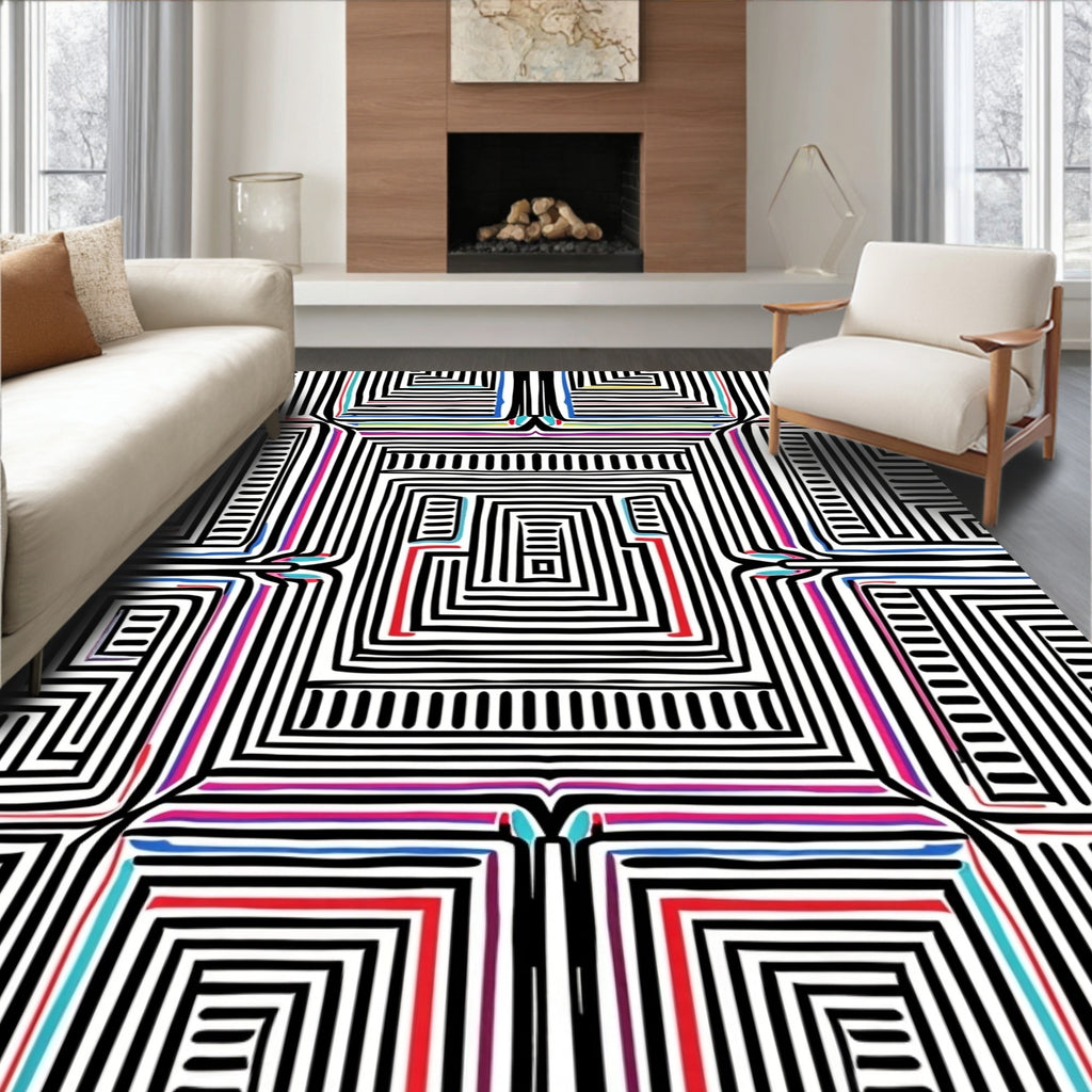 Abstract Geometric Maze With Color Accent Rug