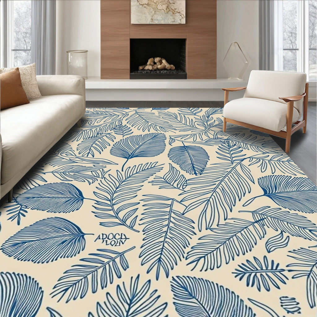 Blue Palm Leaf Pattern Rug