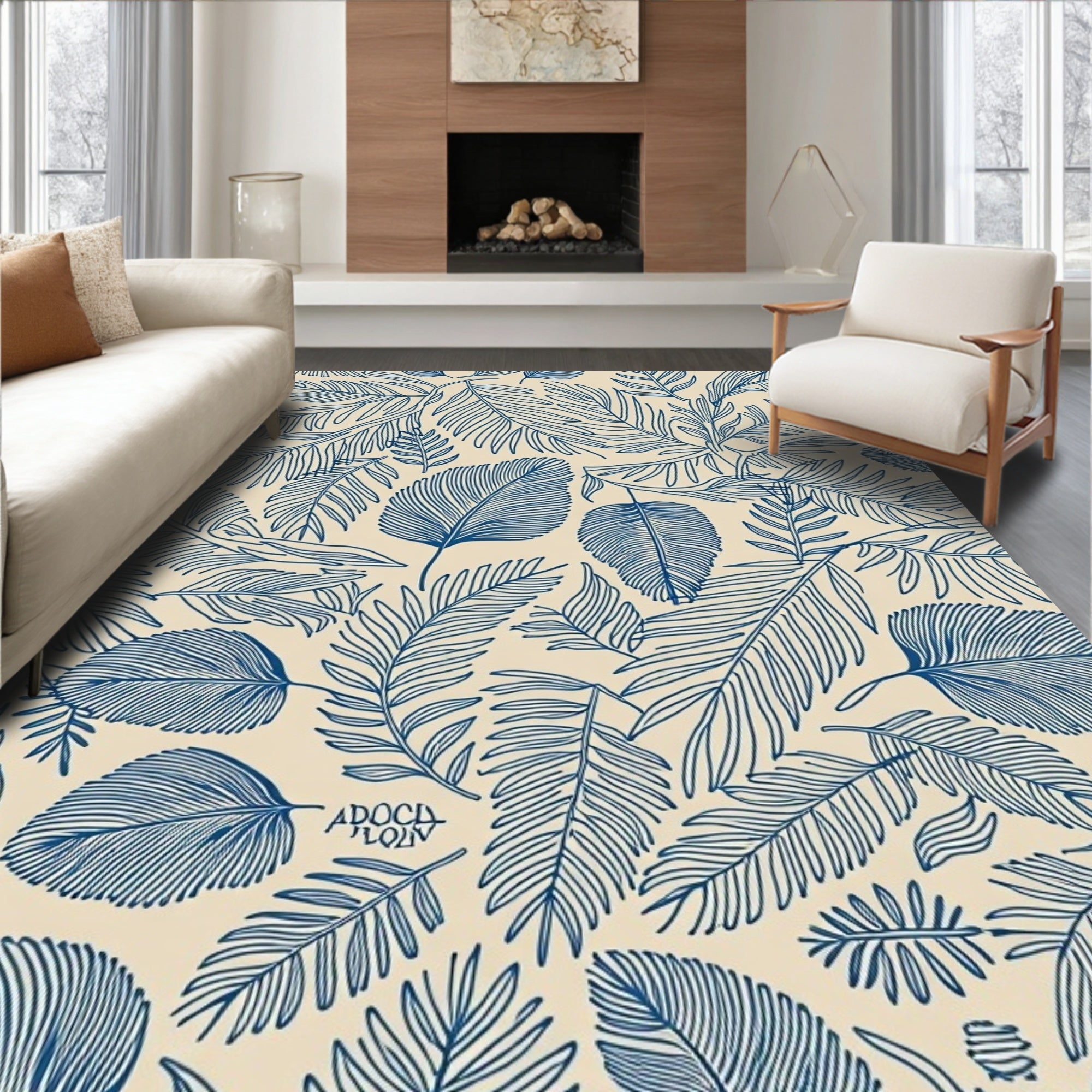Blue Palm Leaf Pattern Rug
