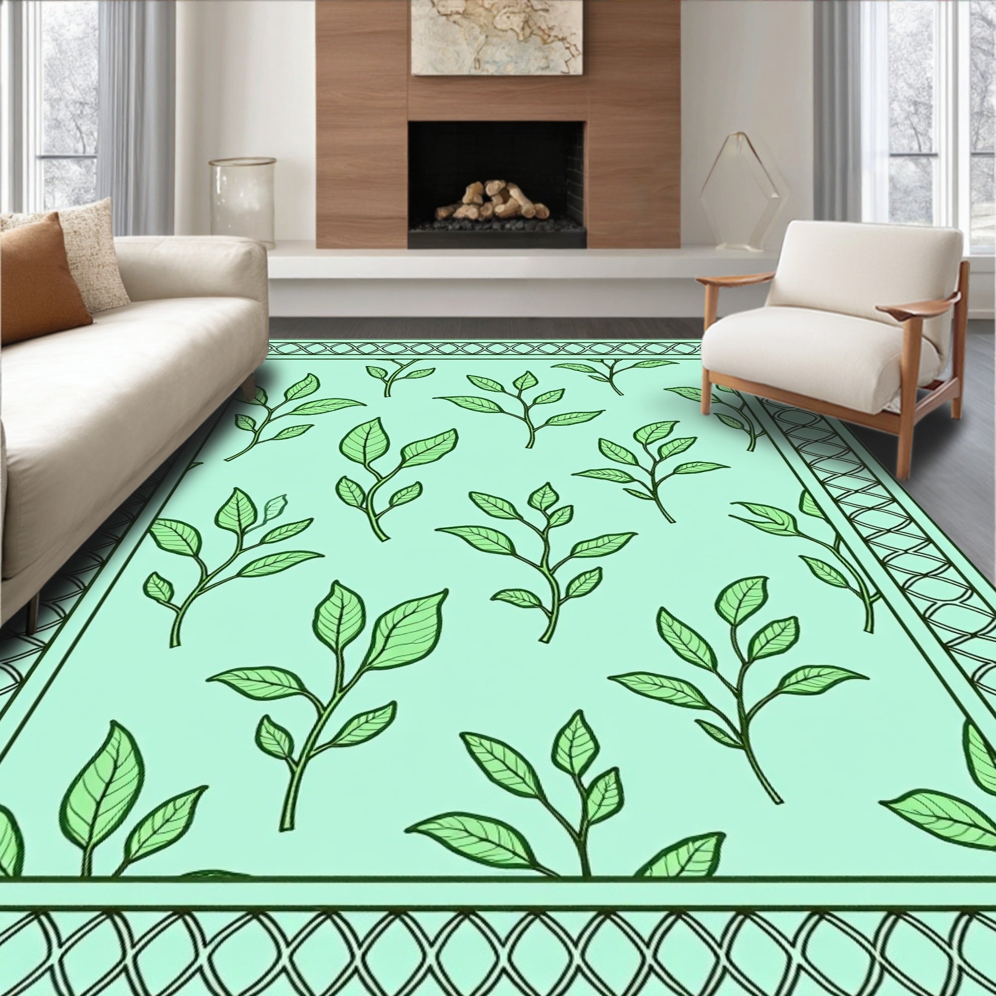 Leafy Vine Mint Pattern Rug