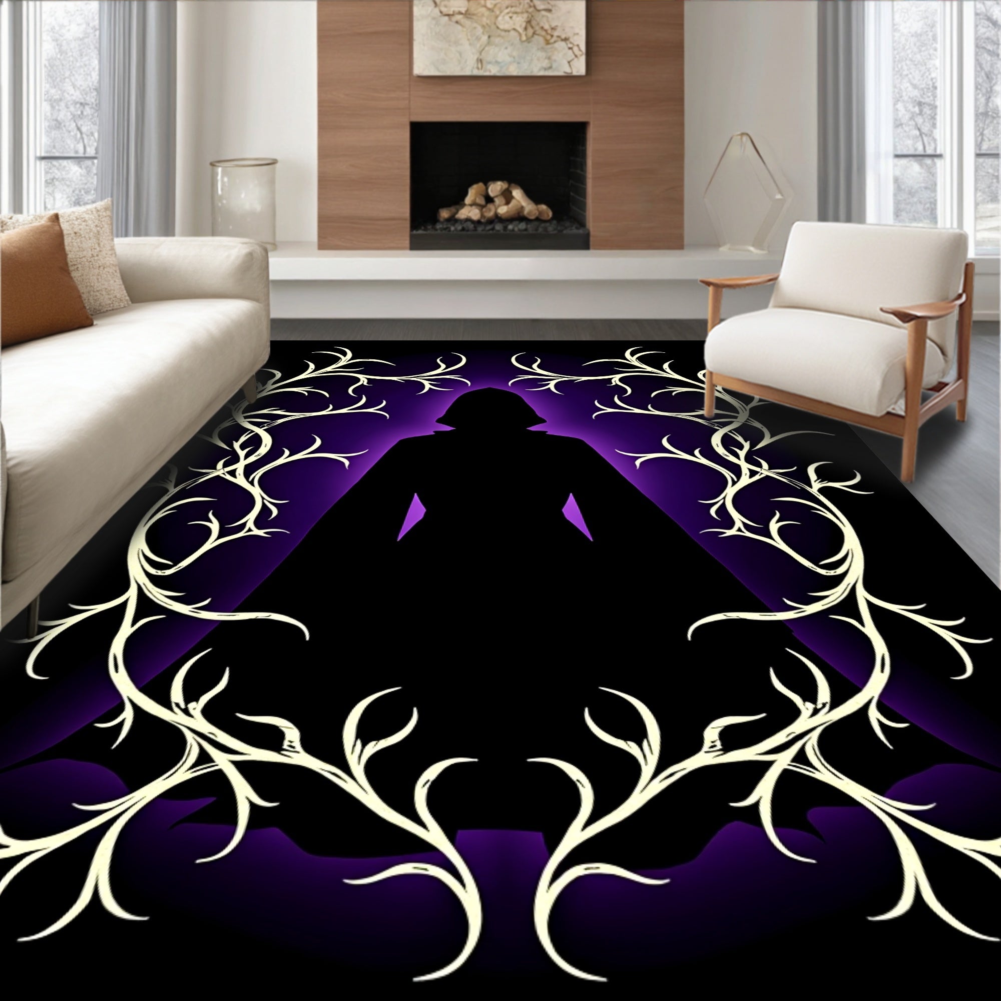 Mysterious Hooded Figure Violet Vine Rug