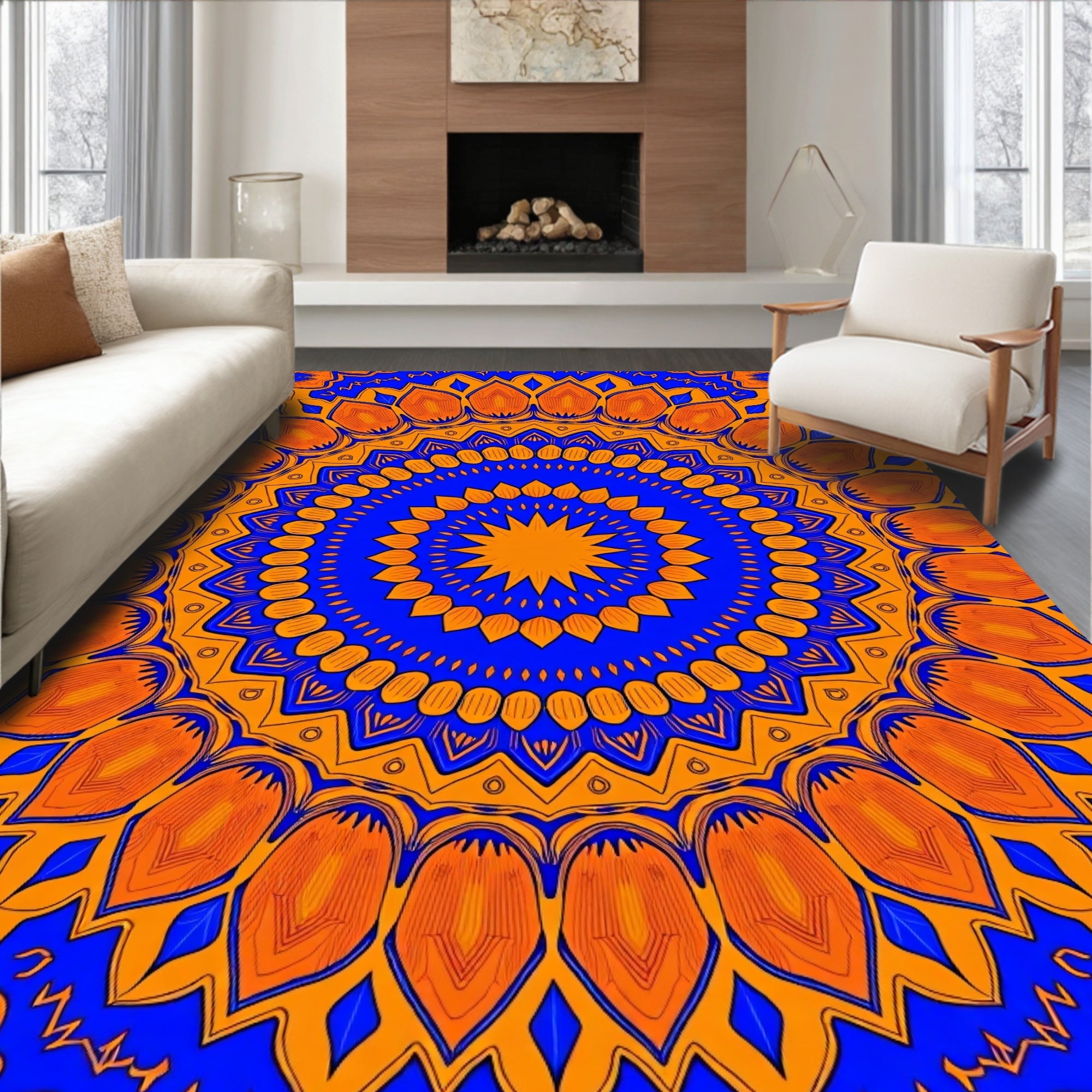 Royal Blue Golden Sunburst Mandala Rug