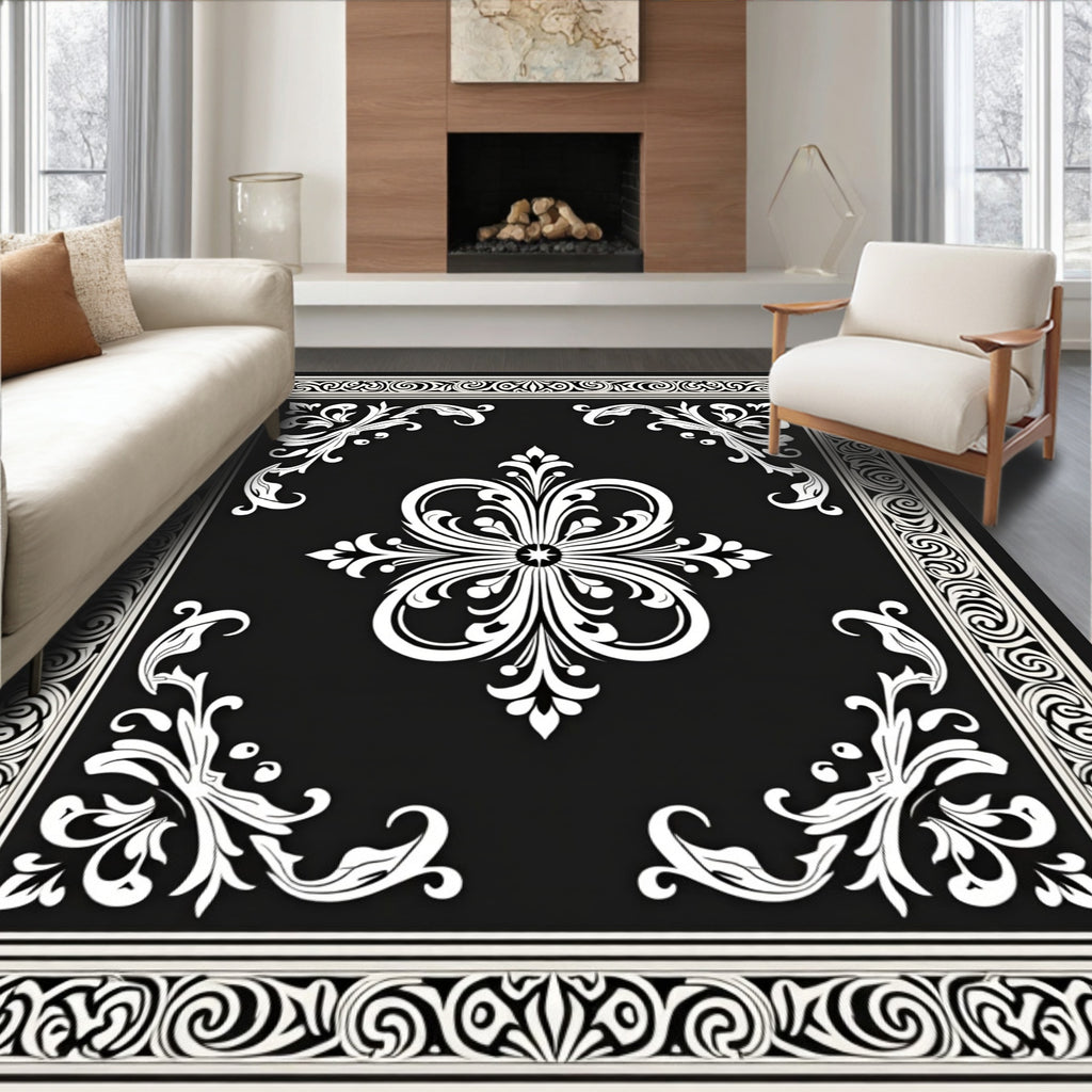 Elegant Black White Damask Floral Rug