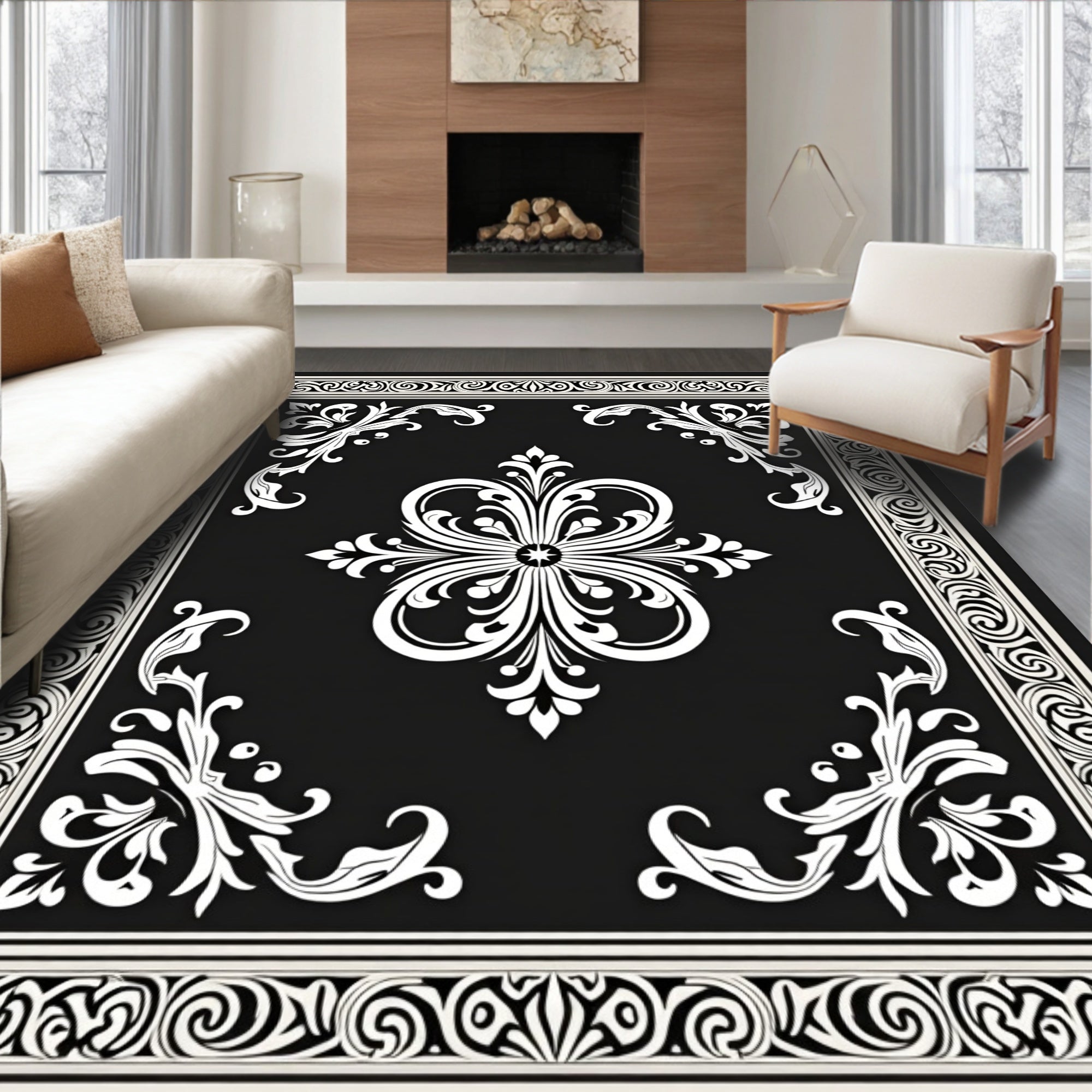 Elegant Black White Damask Floral Rug