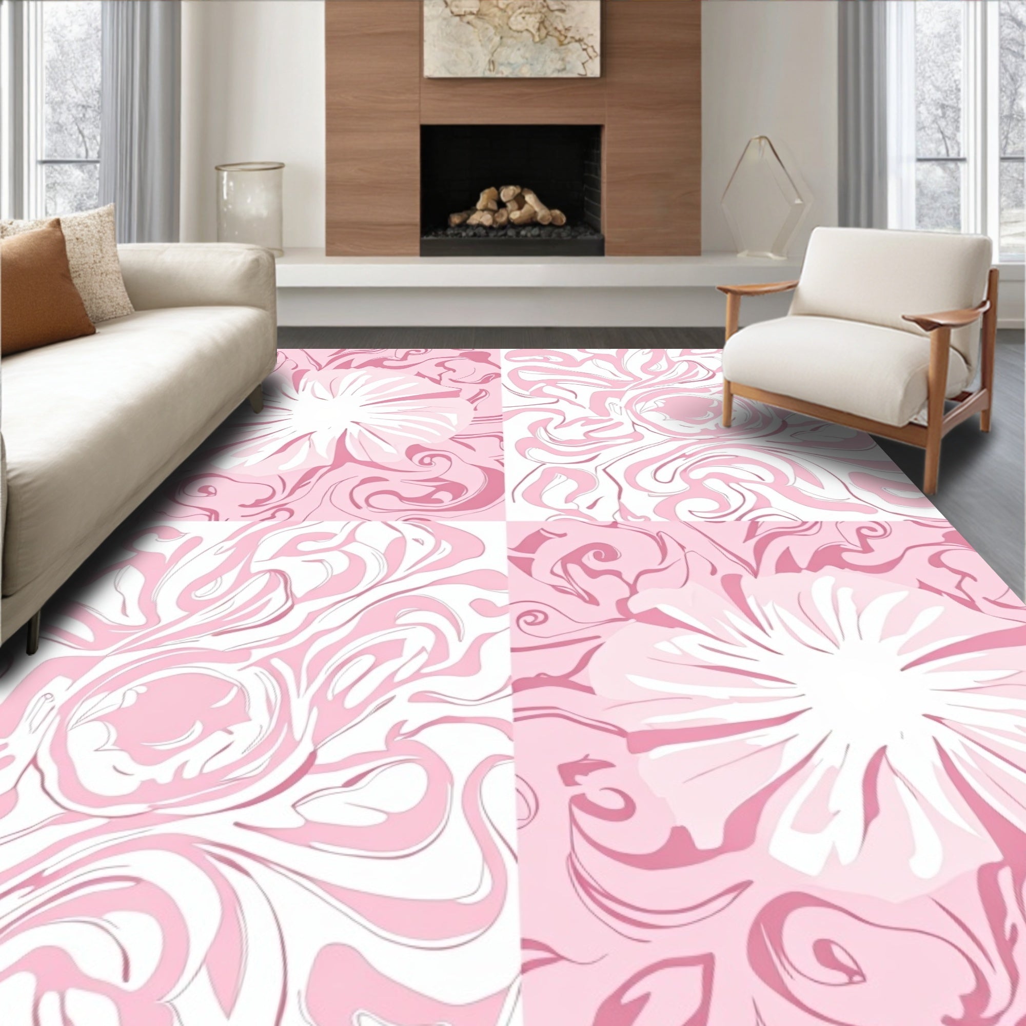 Pink Floral Swirl Abstract Pattern Rug