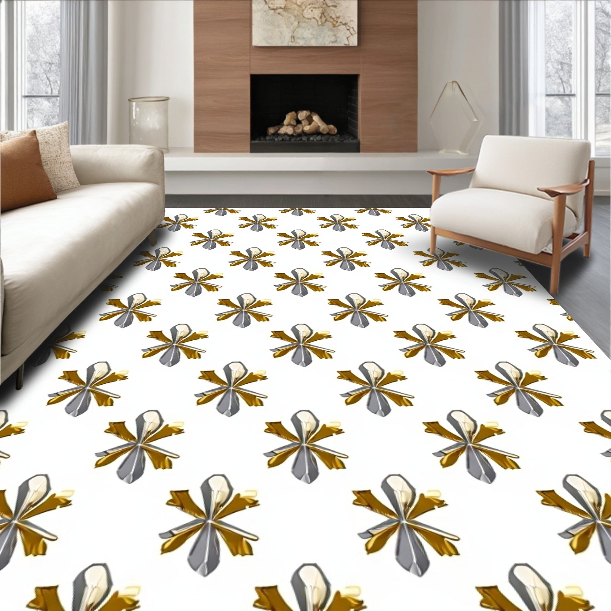 Gold Silver Floral Snowflake Medallion Rug