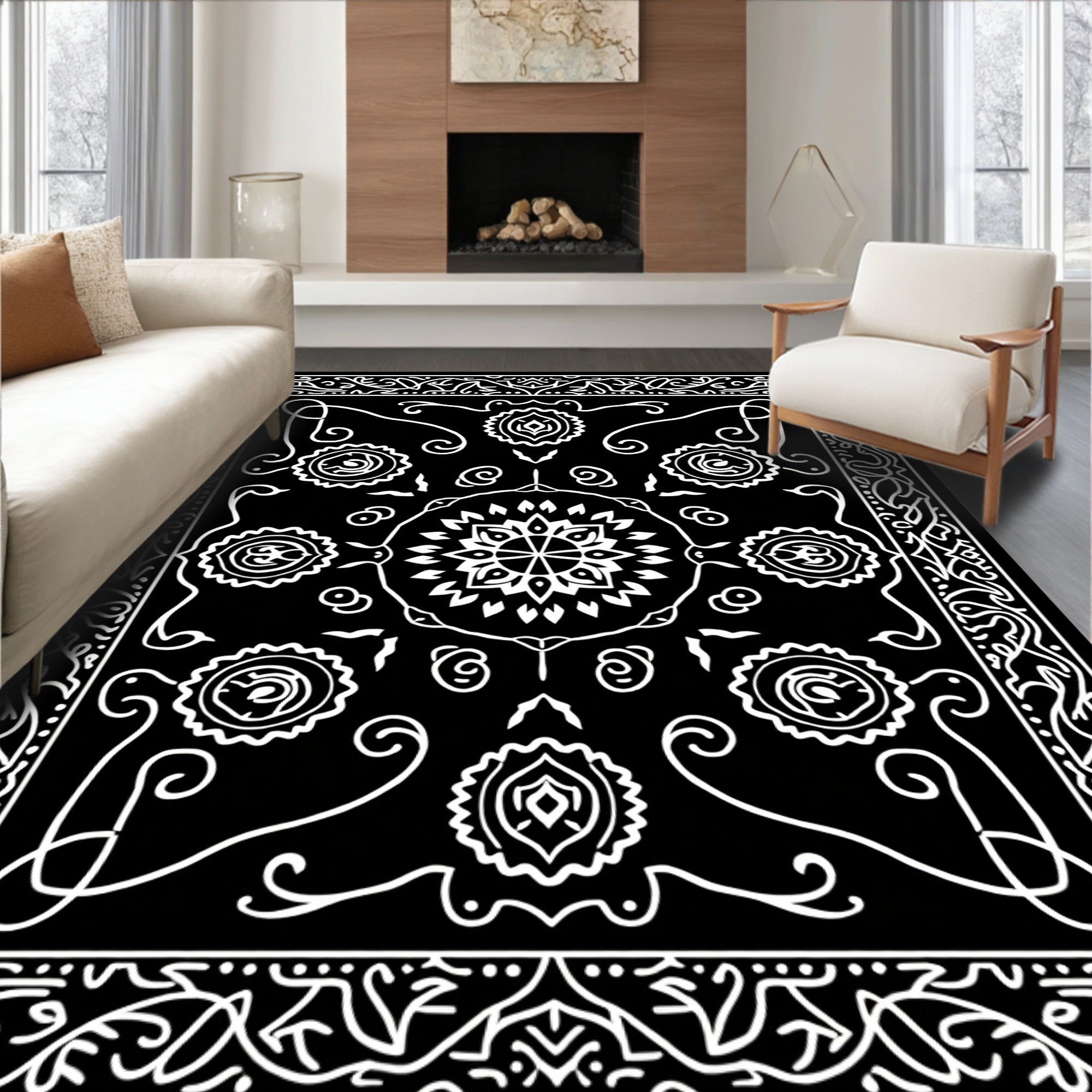 Black and White Intricate Floral Mandala Rug