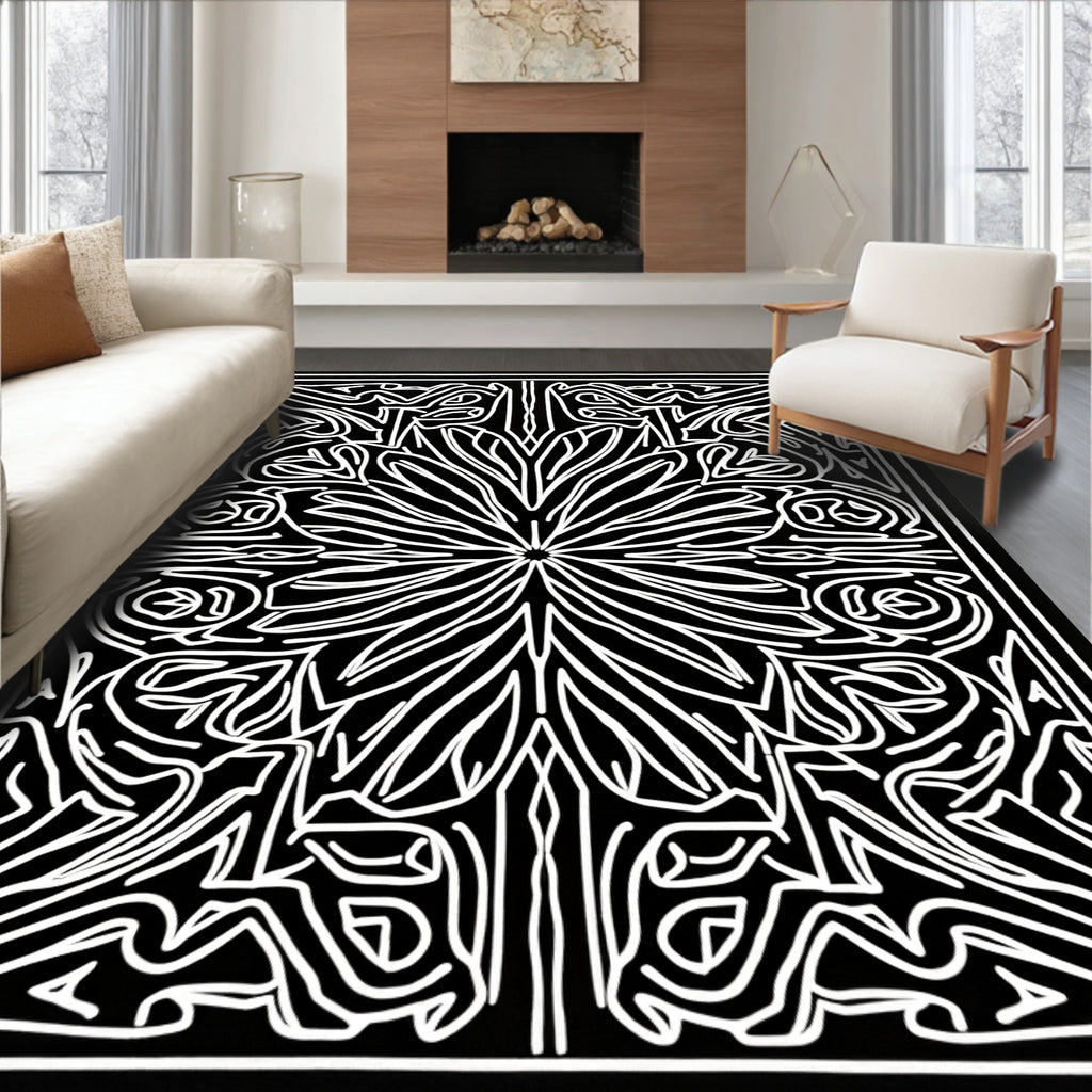 Intricate Black White Rhythmic Pattern Rug