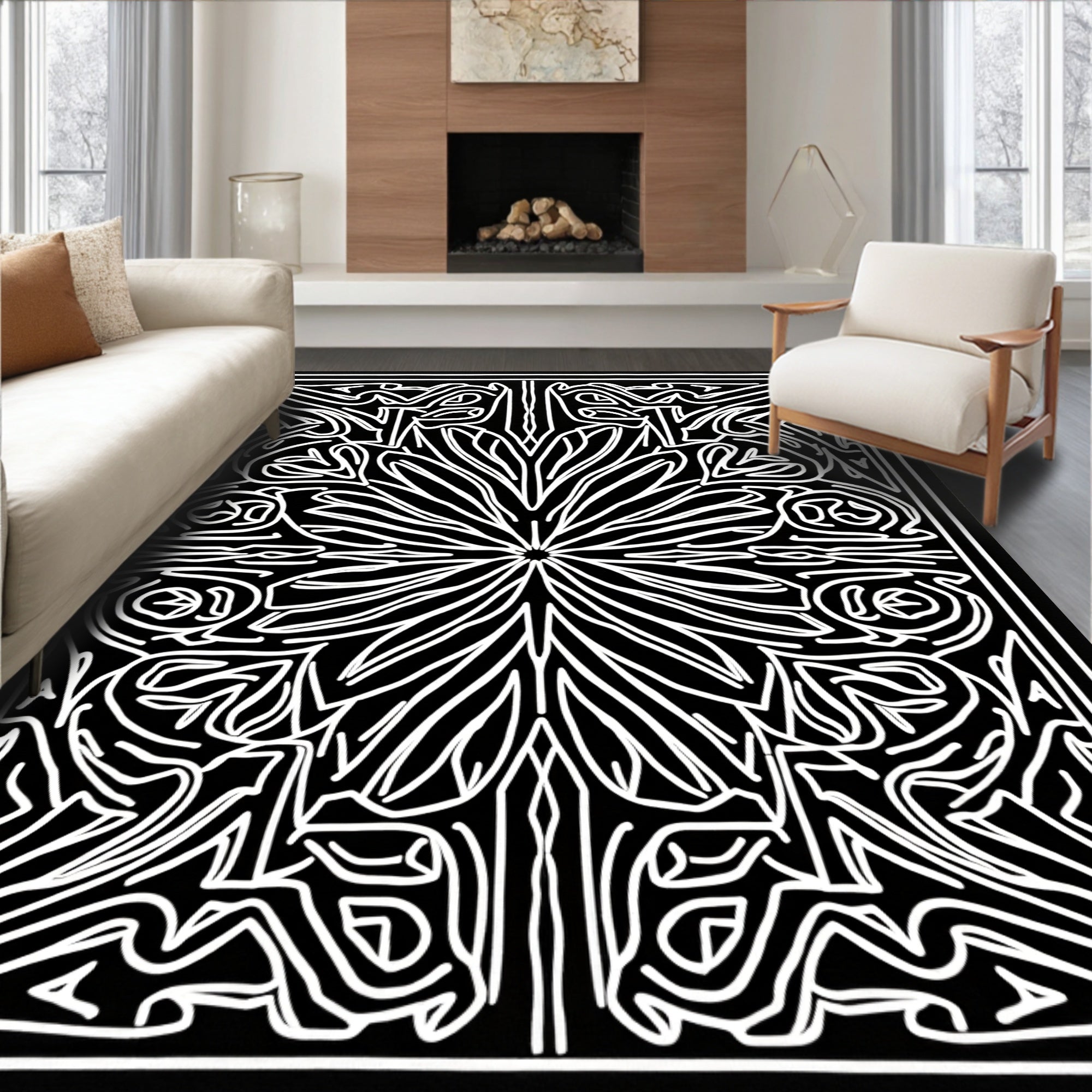 Intricate Black White Rhythmic Pattern Rug