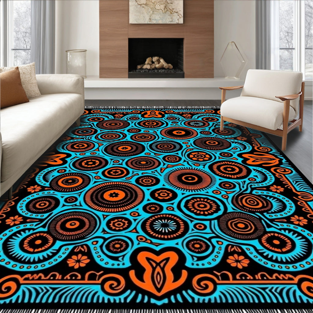 Blue Orange Medallion Sunburst Rug