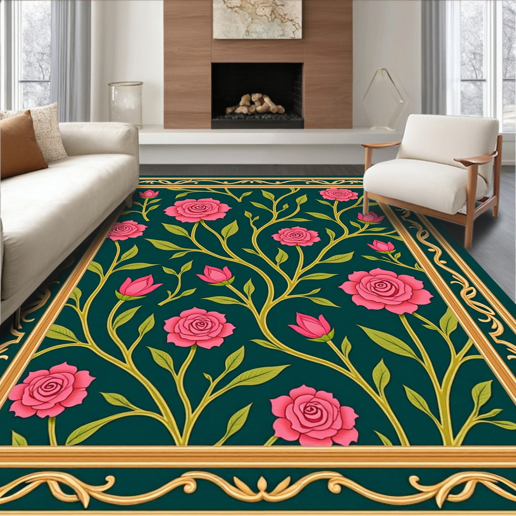 Pink Roses Golden Border Floral Rug