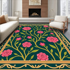 Pink Roses Golden Border Floral Rug